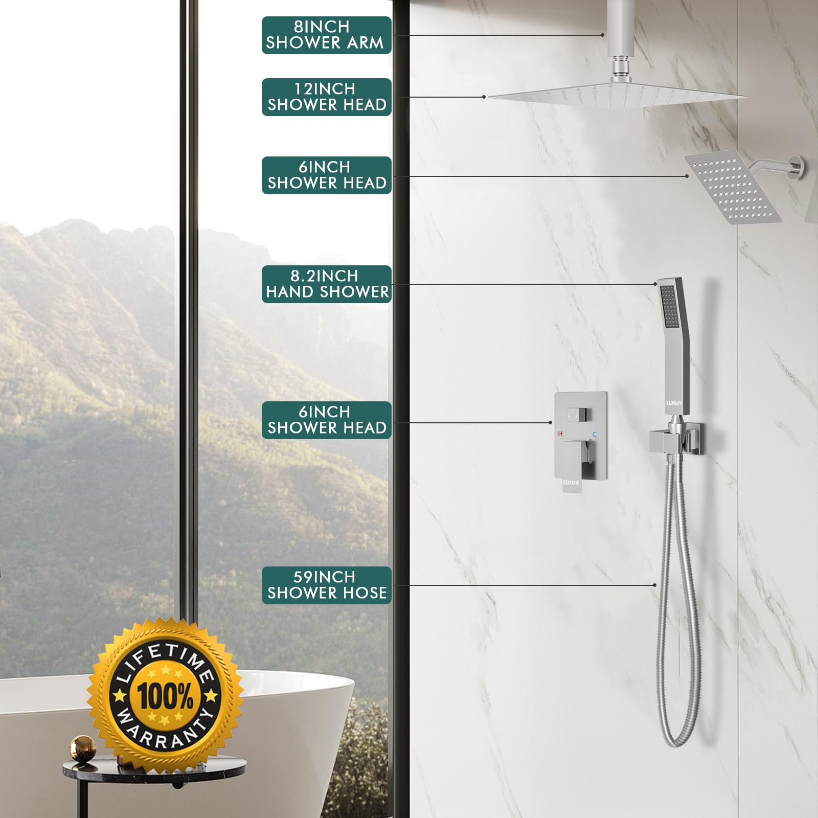 Starbath 12+6 Inch Brushed Nickel Shower Faucet Set - Double Rainfall Shower Head & Handheld Spray Combo for Two Person, Ceiling Mount Shower System with Valve Body & Trim Kit - Perfect for Master Bathroom, Spa-Like Experience & Couple Showering