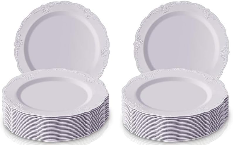 Premium Silver Vintage Disposable Plastic Dinner Plates - 10-Piece Set, Pack of 2 - Elegant White Reusable Tableware for Parties, Picnics & Catering Events
