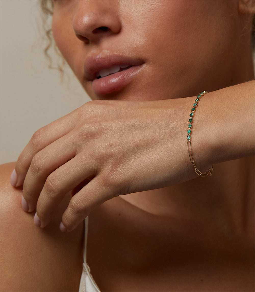 14K Gold Paperclip Emerald Bracelet for Women - Dainty Minimalist Green Gemstone Jewelry Gift for Birthday, Anniversary & Everyday Wear