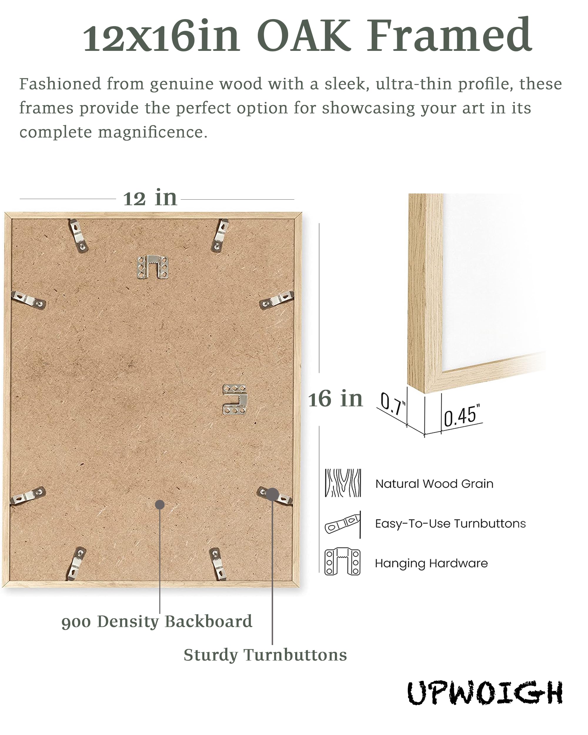 UPWOIGH 12x16 Oak Wood Picture Frame - Minimalist Natural Solid Wood Poster Frame for Wall Art, Photos & Prints (1 Pack) - Perfect for Home Decor, Office Display & Gift Giving
