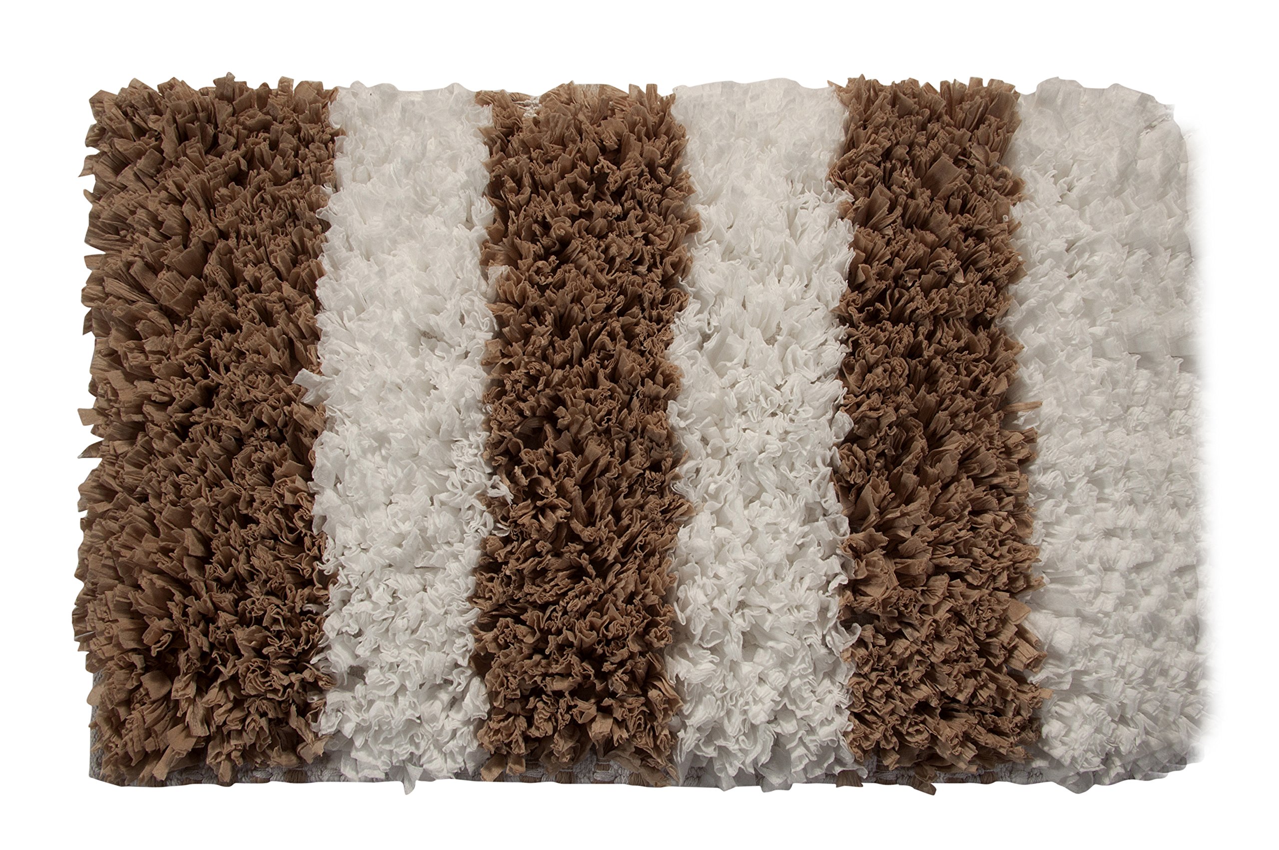Premium Handloom Woven Bath Rug - 34x21 Inches Soft Polyester/Viscose/Cotton Blend - White & Beige Striped Pattern (GSF 200) - Non-Slip Bathroom Mat for Modern Home Decor, Spa & Guest Bathrooms