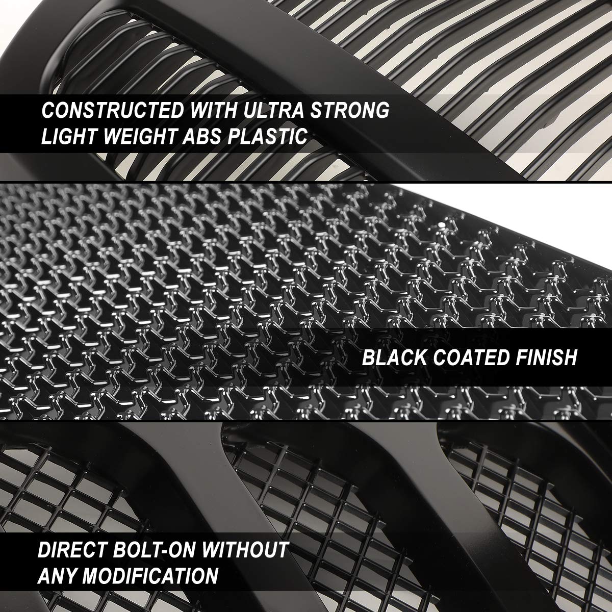 DNA MOTORING GRF-OH-016-BK Black Badgeless Honeycomb Mesh Front Bumper Grille for 1999-2004 Ford F-250 SD/F-350 SD/F-450 SD/F-550 SD Trucks - Upgrade Your Truck's Style & Protection for Off-Roading & Daily Driving