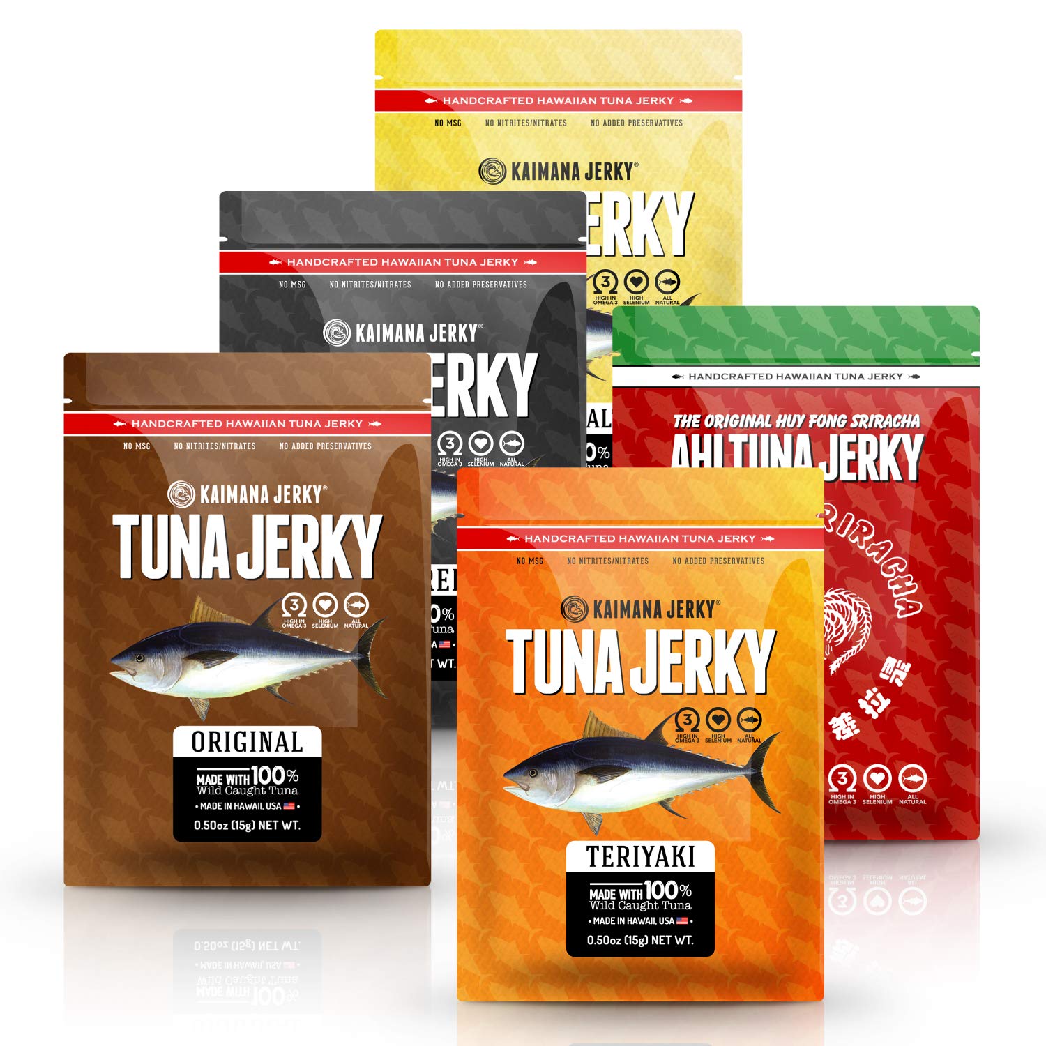 Premium Kaimana Jerky Ahi Tuna Sampler Pack - All Natural Wild Caught Tuna Jerky Snacks, High Protein (9g) & Rich in Omega-3 | USA Made | 5-Pack (0.50 oz each) | Perfect for Hiking, Camping & Healthy On-the-Go Snacking