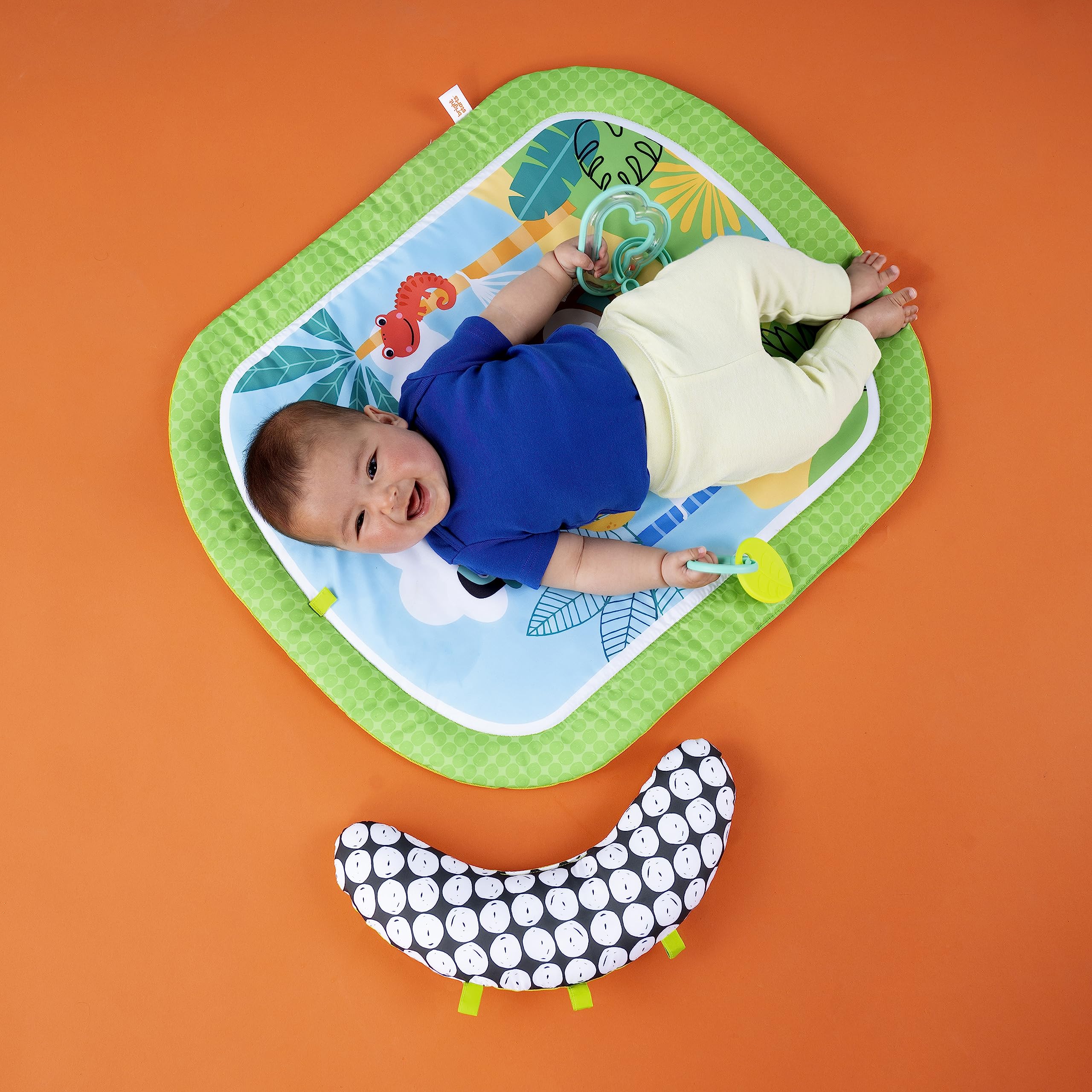 Bright Starts Easy Breezy Baby Tummy Time Activity Mat with 2 Detachable Toys | Compact & Machine Washable Playmat for Newborns & Infants | Perfect for Floor Play, Sensory Development & Early Learning
