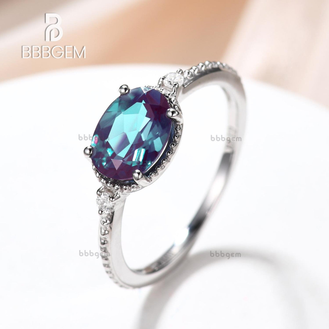 Milgrain Alexandrite Engagement Ring in Rose Gold - East to West Three Stone Ring for Women | Perfect for Weddings, Anniversaries & Proposals