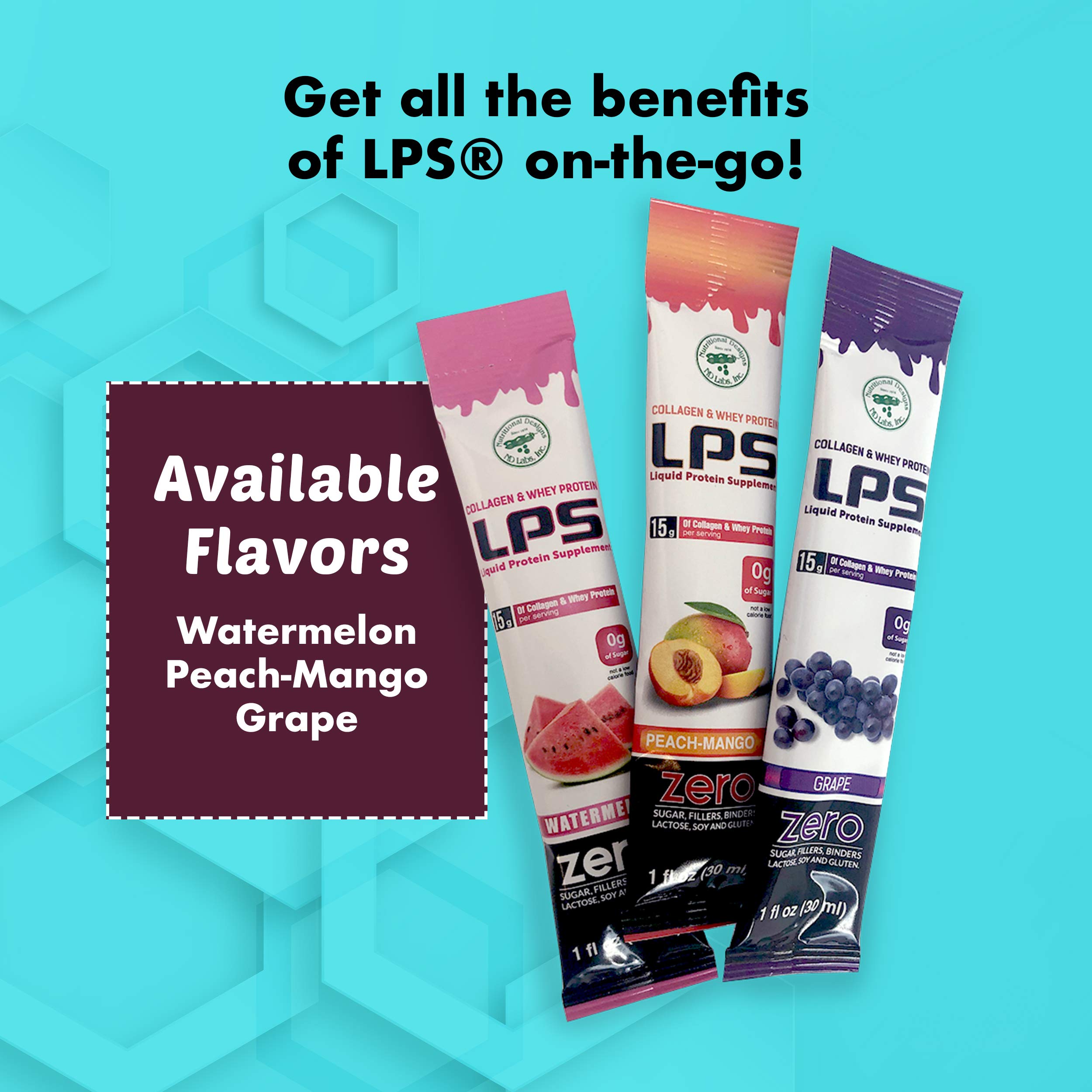 Nutritional Designs LPS Liquid Collagen & Whey Protein Powder Supplement - Sugar-Free, Non-GMO Drink for Healthy Skin & Hair - Peach Mango Flavor (50 Single Serve Packets) | Post-Workout Recovery & Beauty Boost for Men & Women
