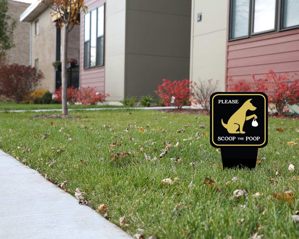 Dog Poop Clean Up Yard Sign with Stake - Heavy Duty Dibond Aluminum 12” x 5.5” - Scoop the Poop Lawn Sign for Pet Owners - Keep Off Grass Warning Sign - Unique Triple Self-Staking Design - Perfect for Front Yards, Parks & Dog Walking Areas