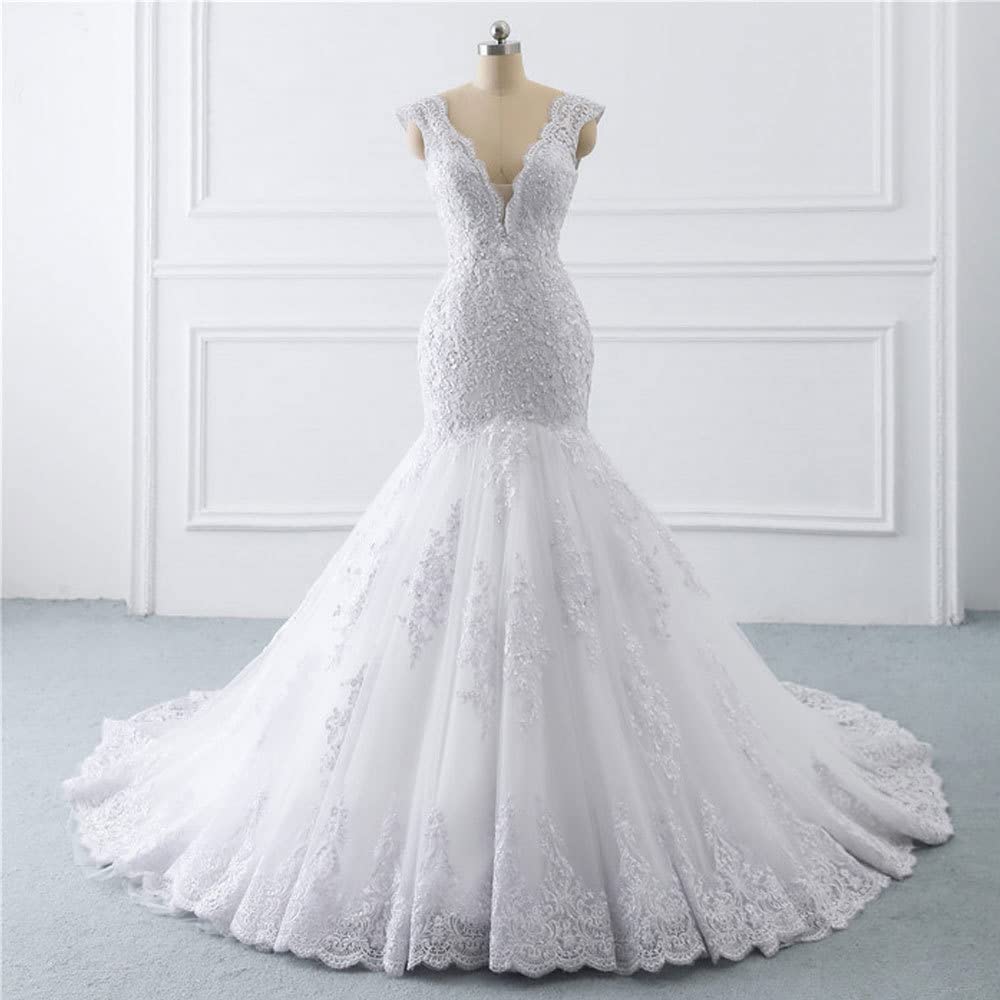 XYAYE V Neck Mermaid Wedding Dress for Bride - Sparkling Sequins & Lace Applique Tulle Bridal Gown with Train | Elegant Beach, Church & Formal Wedding Ceremony Dress