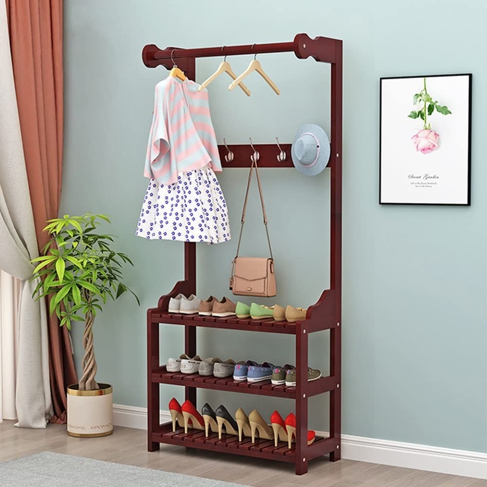 3-in-1 Entryway Coat Rack Shoe Bench with 5 Hooks & 2-Tier Shoe Storage | Hall Tree Organizer for Bedroom & Hallway (70X30X170CM) | Perfect for Small Spaces, Apartment Entryways & Mudroom Organization