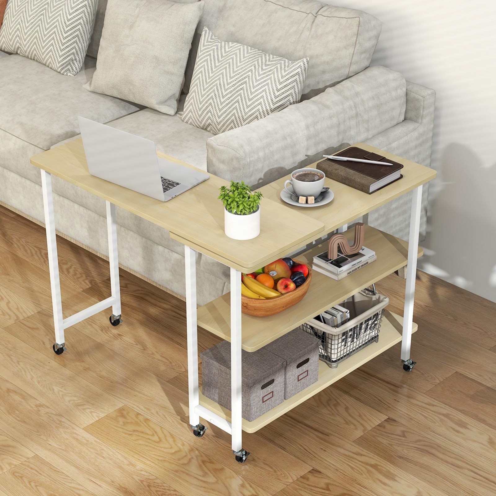 Tangkula 360° Rotating Side Table with 2-Tier Storage - Patented Mobile End Table with Lockable Casters & Metal Frame - Swivel Rolling Desk for Living Room, Bedroom, Office - Perfect as Laptop Table, Couch Snack Table, or Nightstand