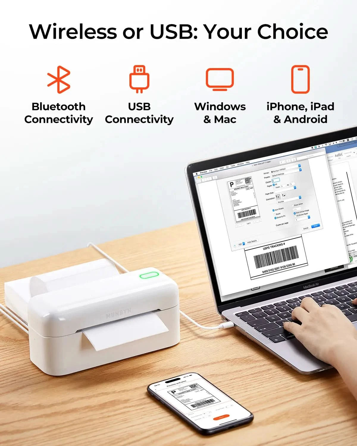 MUNBYN RealWriter 402B Wireless Bluetooth Thermal Label Printer for Shipping, Packaging & Inventory - Compatible with Shopify, Amazon, eBay & Etsy Sellers