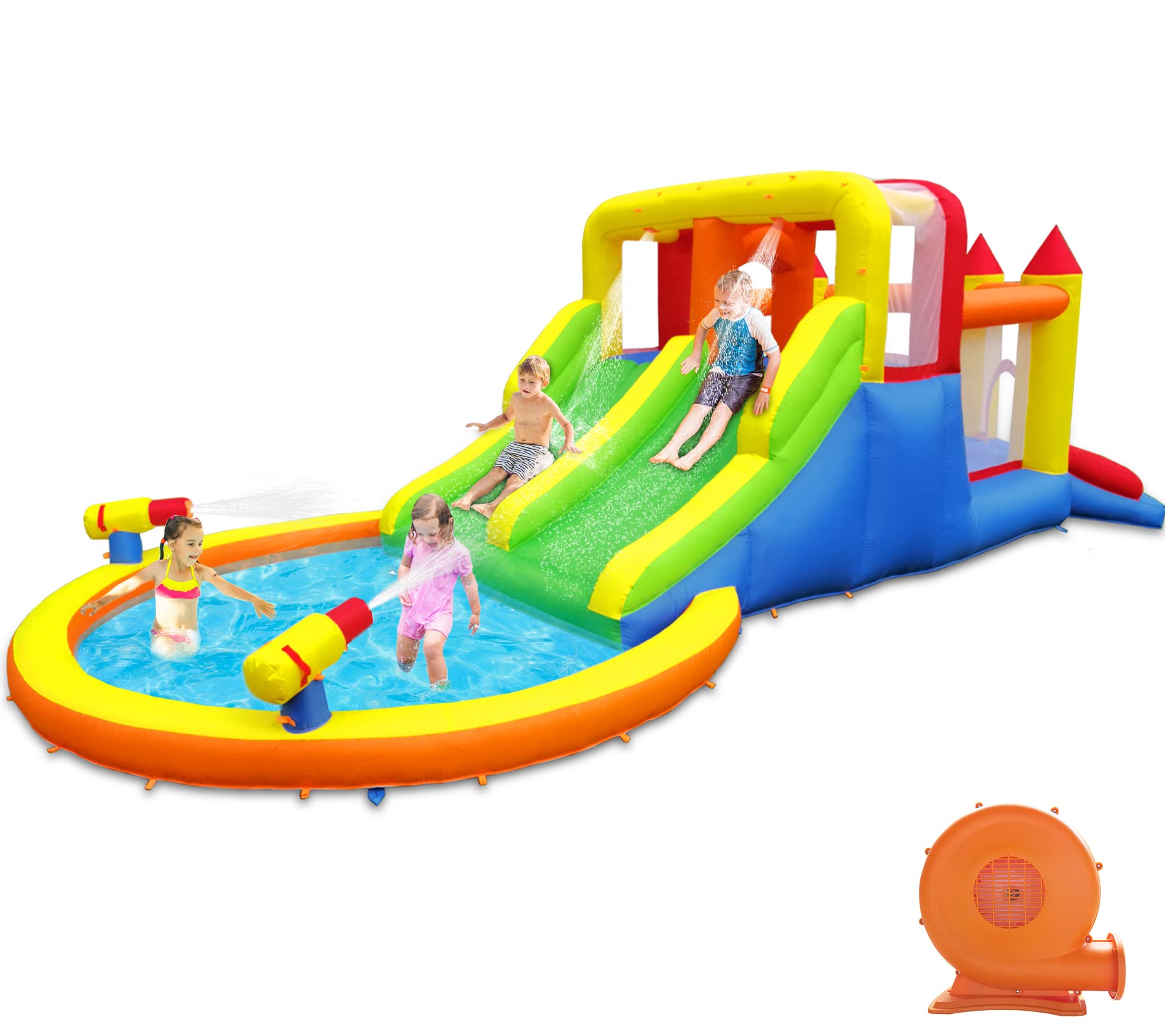 Inflatable Bounce House with 4 Slides & Large Splash Pool - Kids Water Park with Ultra-Wide Climbing Wall, Jumping Area, Water Cannons & Surprise Sprayers for Ages 3-10 (20.6'L x 9.6'W x 6.4'H) - Perfect for Backyard Birthday Parties, Summer Fun & Outdoor Family Activities