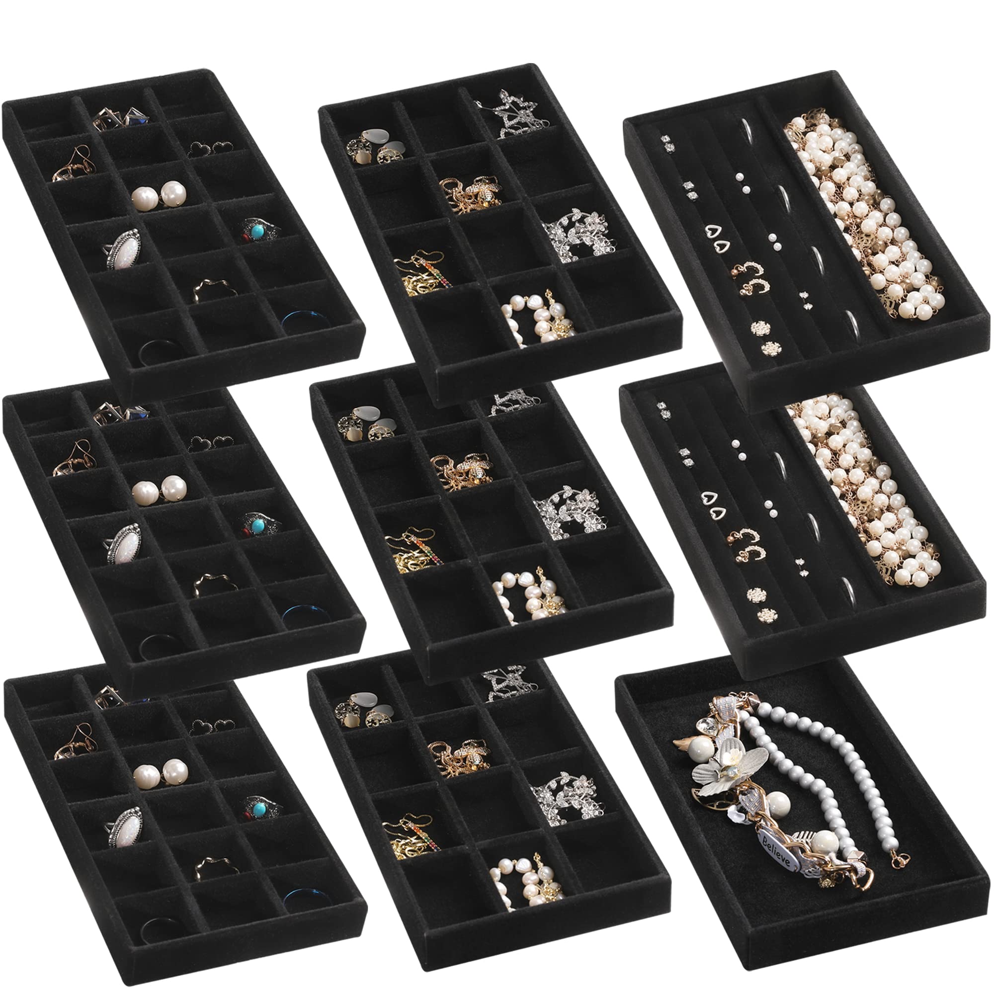 Frebeauty Stackable Velvet Jewelry Organizer Tray Set - 9-Piece Black Drawer Inserts for Earrings, Rings, Necklaces & Studs | Women's Jewelry Storage & Display Solution for Bedroom, Dresser & Travel