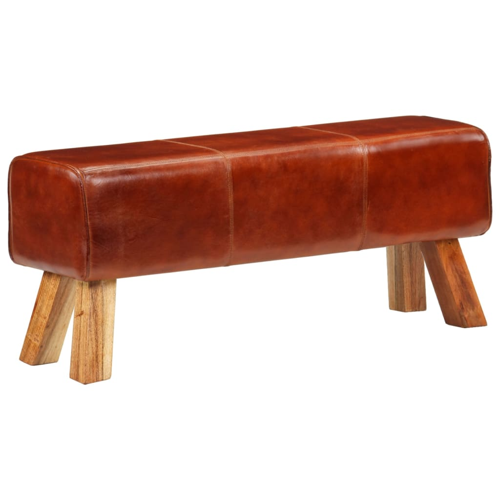 vidaXL 110 cm Brown Gym Bench - Real Leather Upholstery & Solid Mango Wood - Heavy Duty Weight Bench for Home Gym & Strength Training