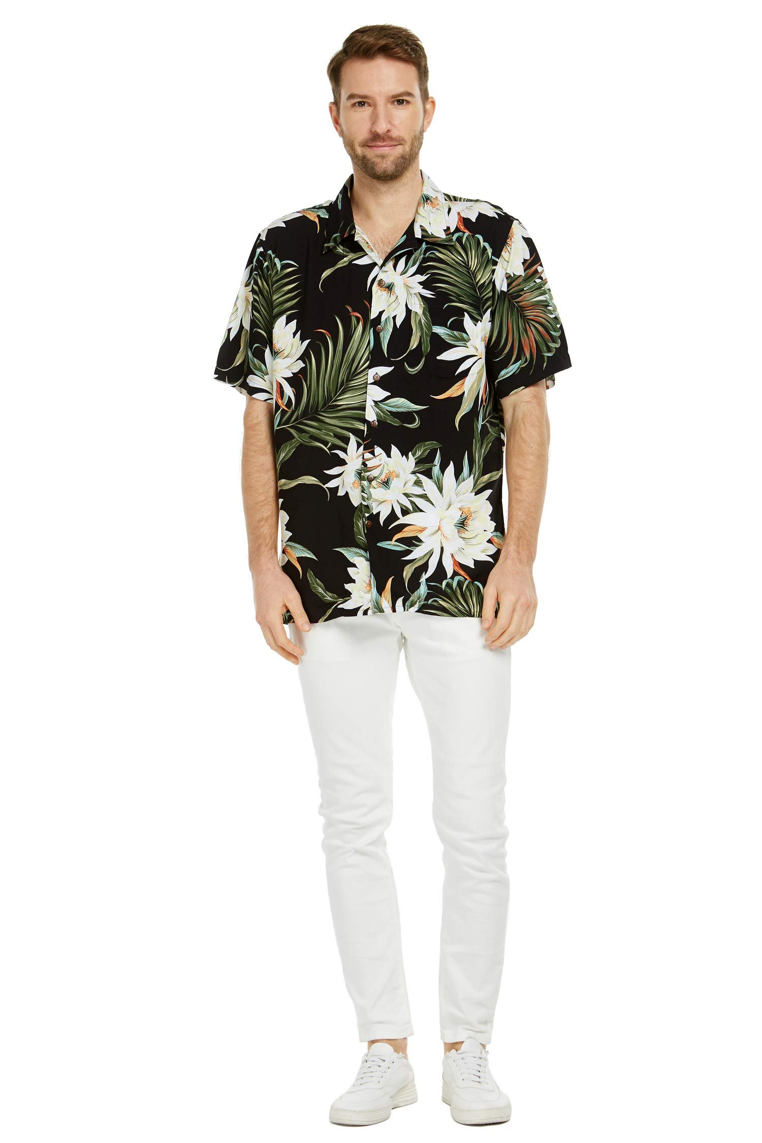 Couple Matching Hawaiian Luau Party Outfit Set - Cream Rafelsia Aloha Shirt & Dress for Beach Vacation, Summer Festival, and Tropical Theme Parties