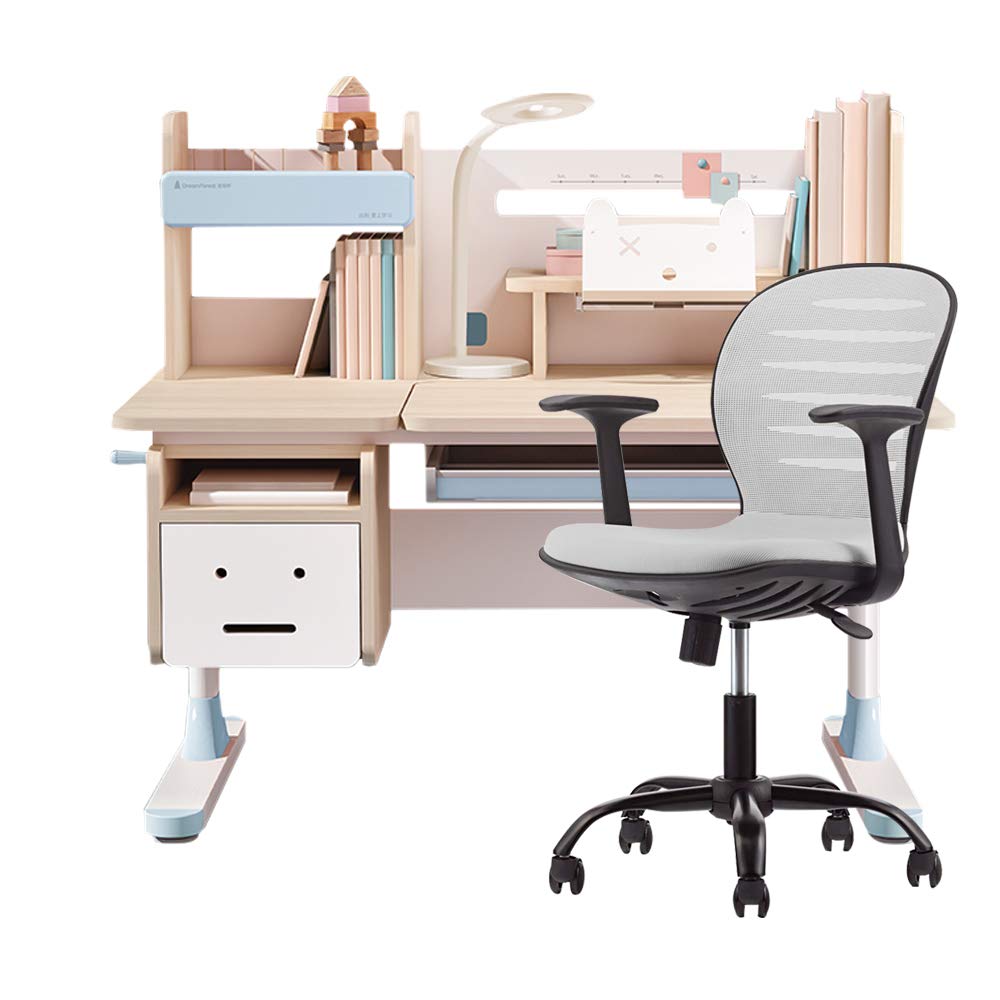 Adjustable Height Kids Study Desk with Swivel Task Chair - Blue Desk & Grey Chair Bundle for Home Office, Online Learning, and Homework Station