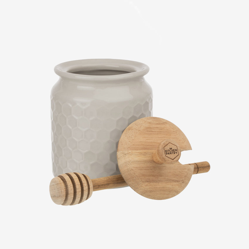 David Shaw Premium Ceramic Honey Pot with Drizzler - Grey | Elegant Honey Dispenser for Tea, Toast & Desserts | Perfect for Kitchen, Breakfast & Gifting