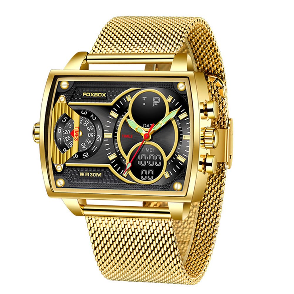 Luxury Men's Square Dial Digital Analog Quartz Wristwatch - Waterproof Luminous Dual Display Business Watch for Boys & Men | Perfect for Office, Formal Events & Everyday Wear