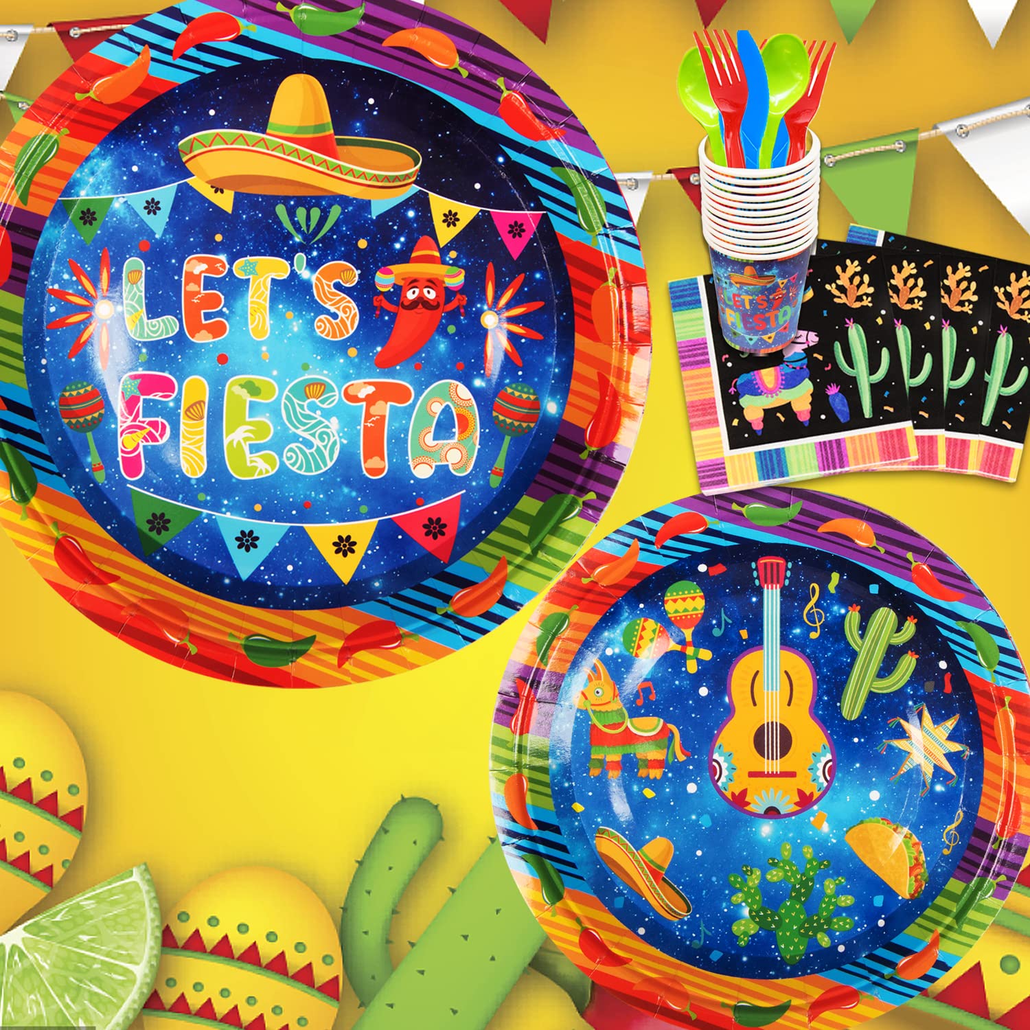 154Pcs Mexican Fiesta Party Decorations Set - Plates, Cups, Napkins, Tablecloth, Banner & Balloons for Cinco De Mayo, Taco Tuesday, Birthday, School Dance & Luau Parties | Perfect for Themed Celebrations, Home Decor & Festive Gatherings