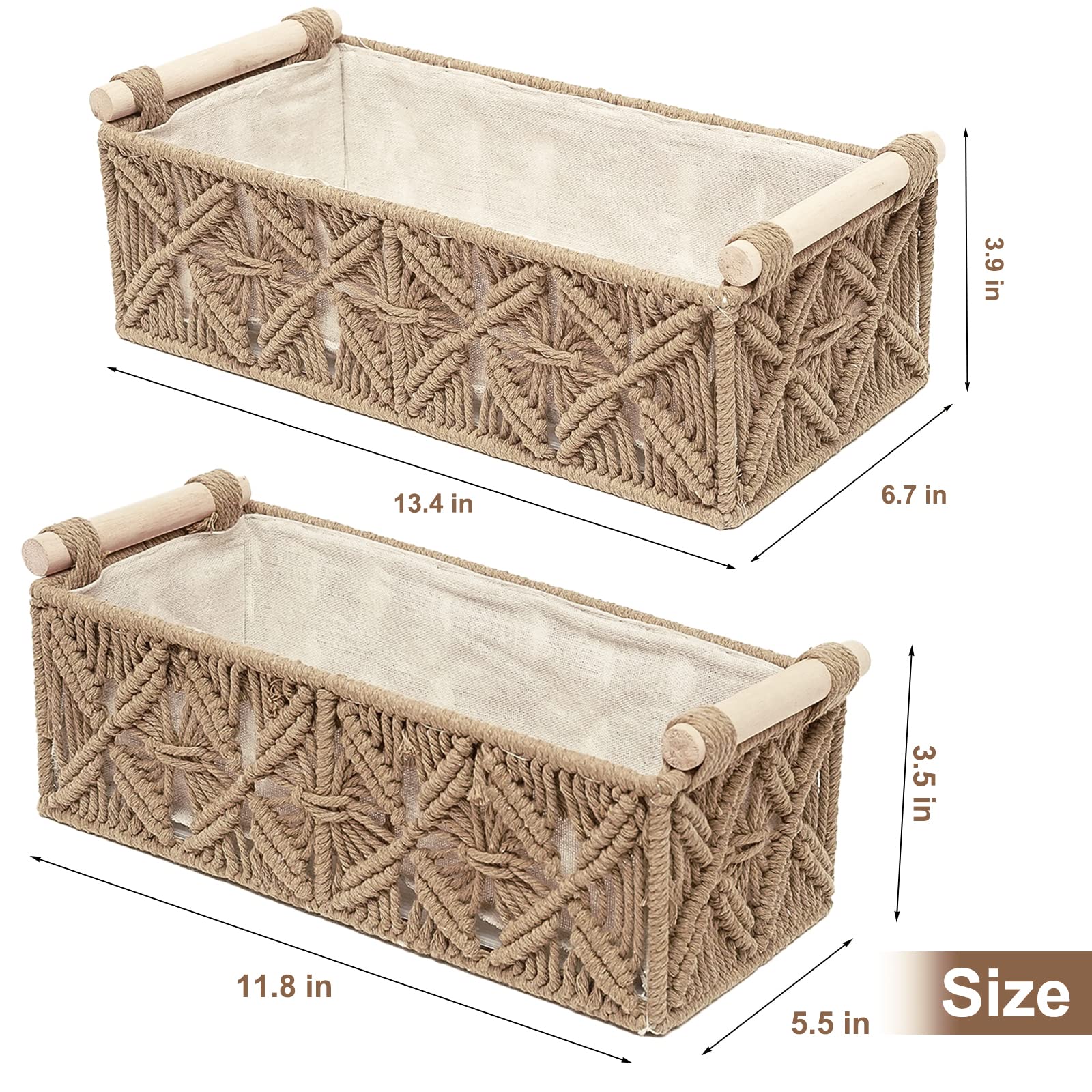Macrame Storage Basket Set of 2 - Boho Woven Decorative Baskets with Handles for Bathroom & Nursery Organization | Perfect for Countertop, Toilet Paper Storage, Toilet Tank Top Shelf Decor
