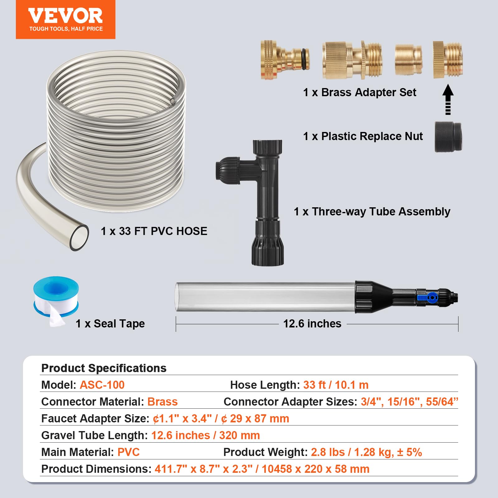 VEVOR Aquarium Vacuum Gravel Cleaner - 33ft PVC Hose Fish Tank Cleaner with Siphon Function & 3 Brass Adapters | Perfect for Cleaning Gravel, Sand & Water Change in Freshwater & Saltwater Tanks