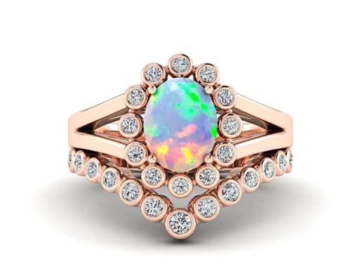 White Opal Engagement Ring Set in Rose Gold & Silver - Art Deco Oval Cut Bridal Jewelry for Women | Unique Curved Wedding Band Stackable Rings for Engagement, Anniversary & Special Occasions