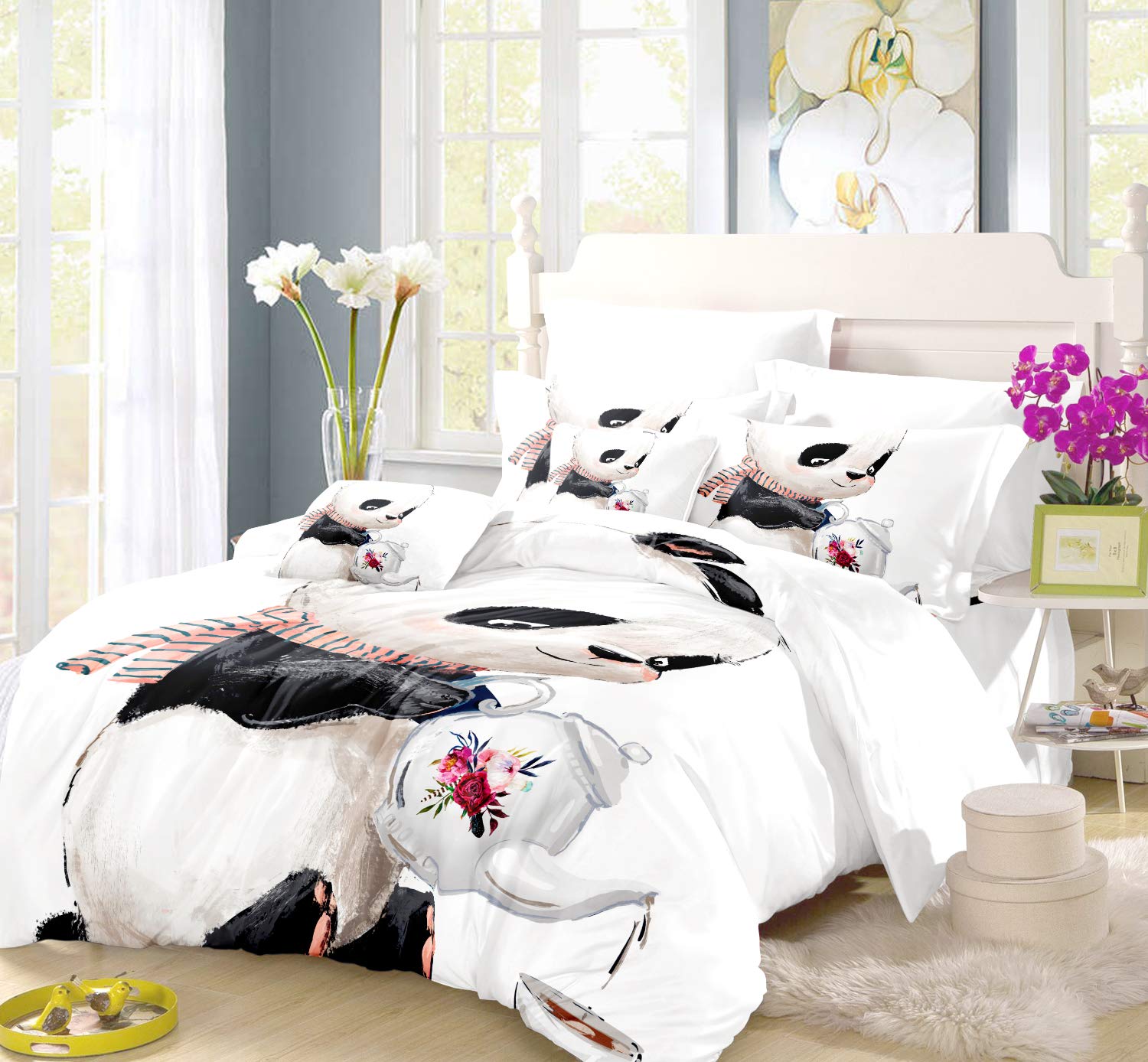 REALIN Panda Duvet Cover Set - Cute Panda Drinking Tea Design with Cosmic Planet Pattern | 2/3/4PC Microfiber Bedding Set Includes Quilt Cover, Sheets & Pillow Shams | Twin/Full/Queen/King Size | Perfect for Kids' Rooms, Themed Bedrooms & Cozy Home Decor