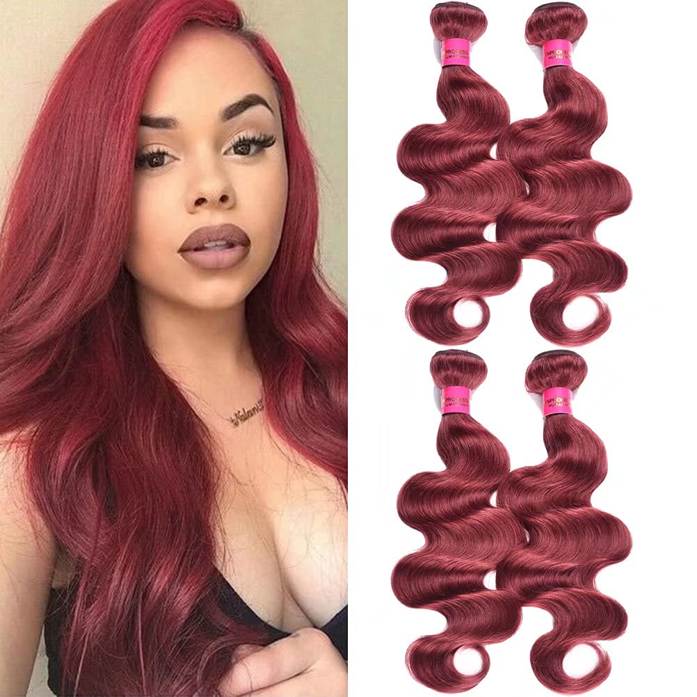 Brazilian Body Wave Virgin Hair Bundles 4PCS - 100% Human Hair Weave #33 Wine Red (18