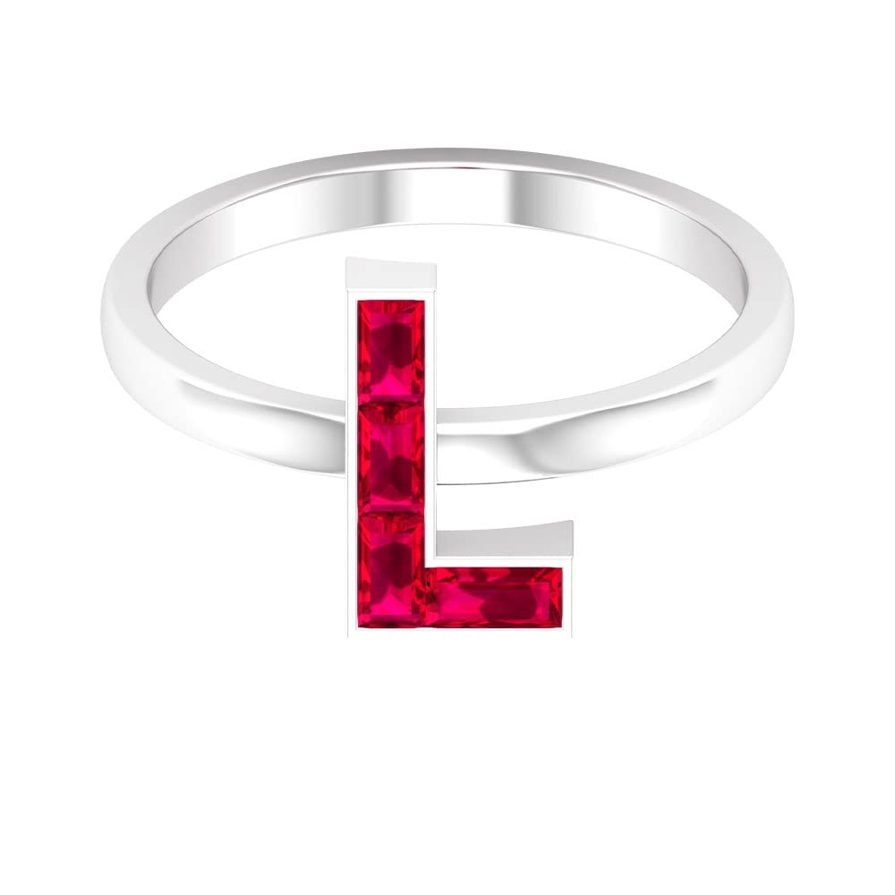 Personalized A-Z Initial Rings - Lab Created Ruby & Baguette Letter Rings in 14K White Gold | Elegant Channel Set Alphabet Jewelry for Women, Gifts & Special Occasions