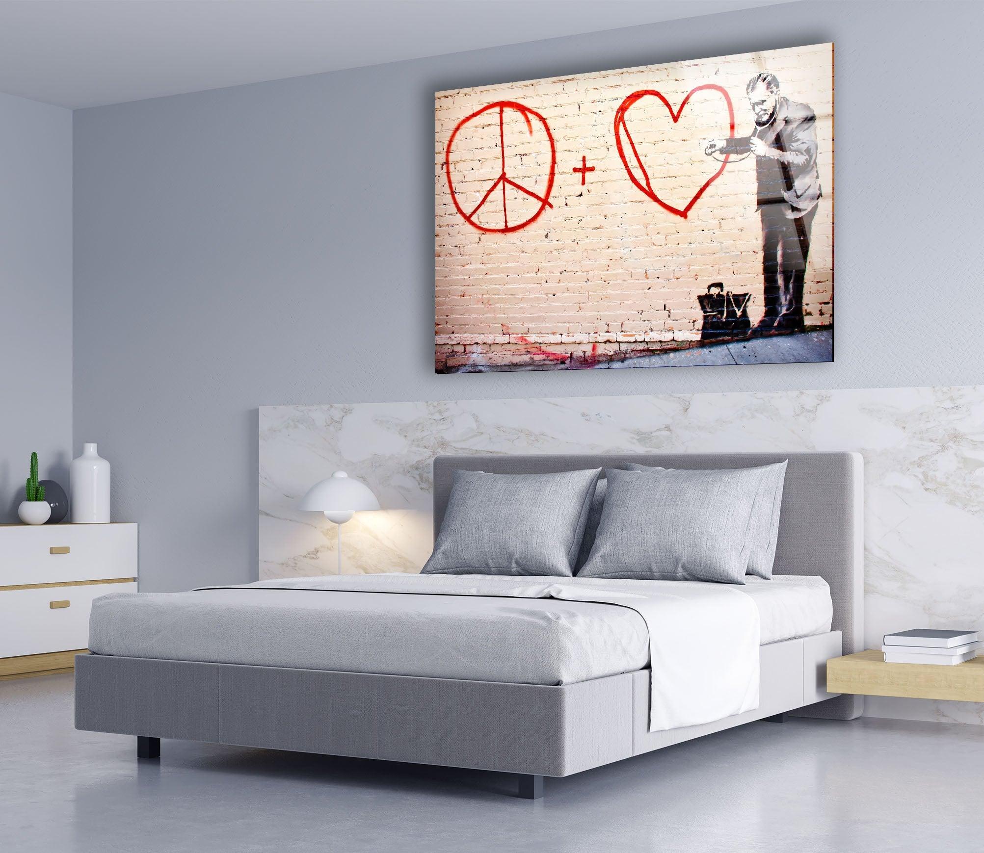 Banksy Peace and Love Glass Wall Art - Modern Home Decor for Living Room, Bedroom & Office - Unique Street Art Inspired Glass Panel