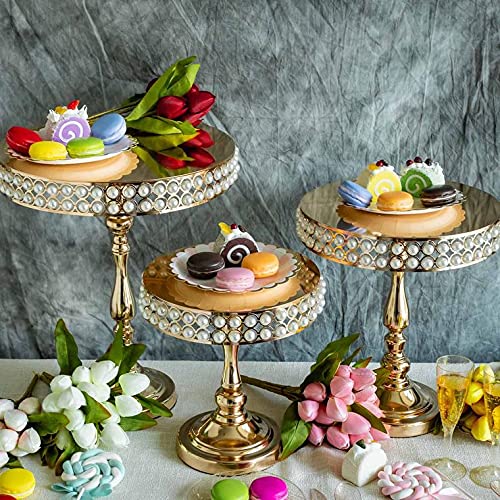 3-Piece Gold Pearl Cake Stand Set - Elegant Round Metal Pedestal for Wedding, Birthday, Party Desserts - Perfect for Cupcake, Pastry & Candy Display at Events & Celebrations