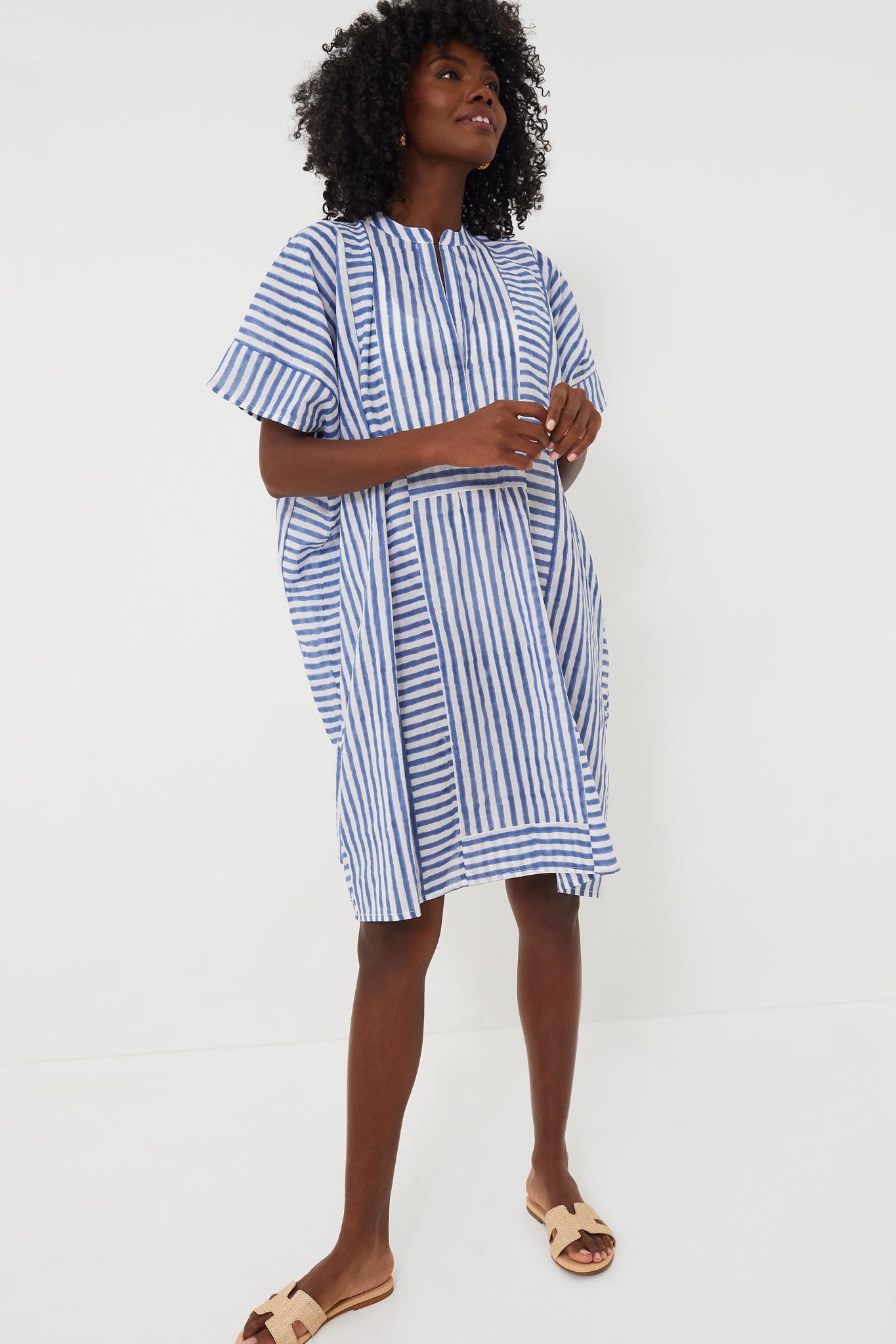 Blue Stripe Emerson Short Caftan Dress - Lightweight Summer Beach Cover Up, Boho Chic Loungewear for Women - Perfect for Vacations, Poolside, and Casual Outings