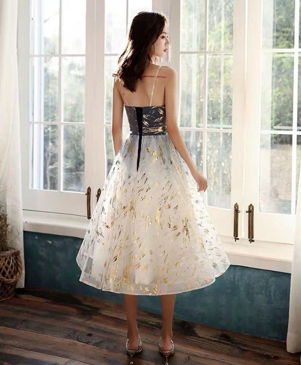 Elegant Blue & Champagne Tulle Lace Short Prom Dress for Homecoming, Party & Special Occasions - Perfect for Dances, Weddings & Formal Events