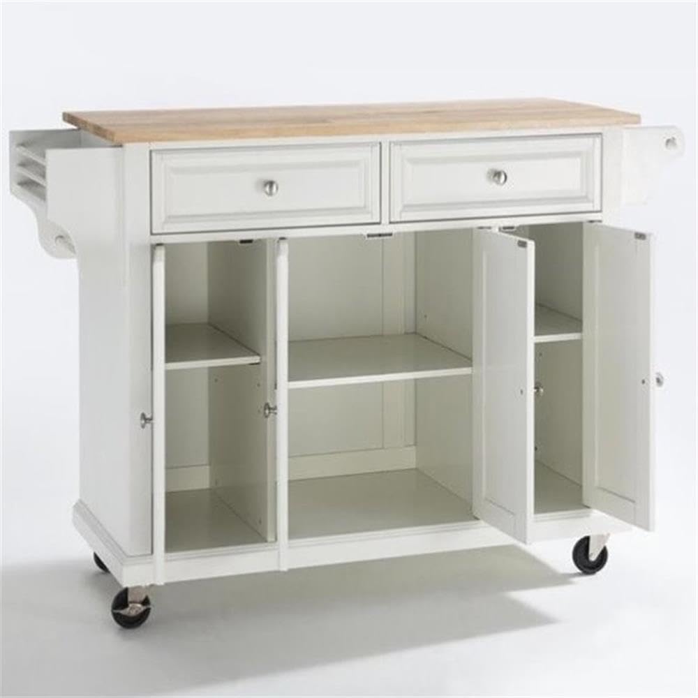 Crosley White Wood Top Rolling Kitchen Island Cart with Storage - Microwave Stand & Spice Rack - Perfect for Small Kitchens, Pantry Organization & Extra Counter Space