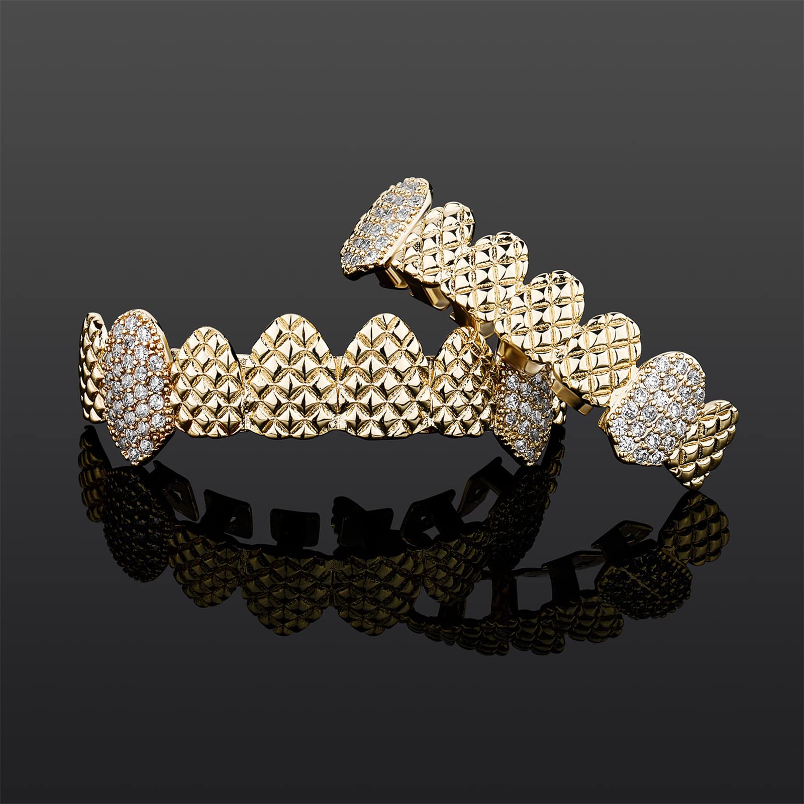 ICEDIAMOND Gold Plated Hip Hop Grillz with Diamond Teeth - Trendy Embossed Fang Design for Men & Women | Perfect for Parties, Concerts & Hip Hop Fashion