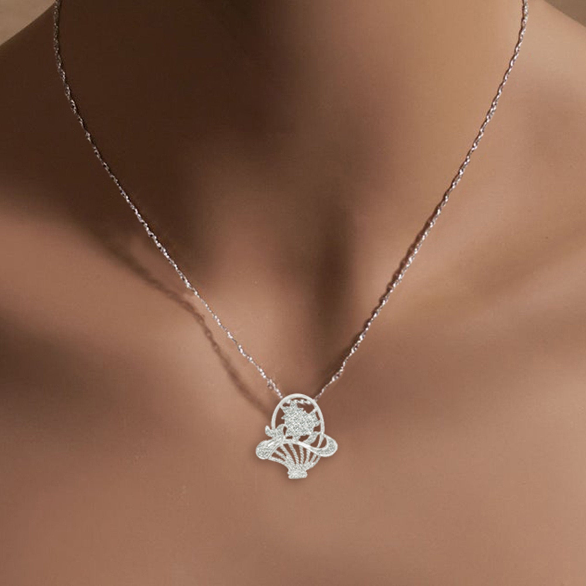 0.50cttw Diamond Flower Basket Pendant in 18k White Gold - Elegant Jewelry Gift for Women, Perfect for Anniversaries & Special Occasions