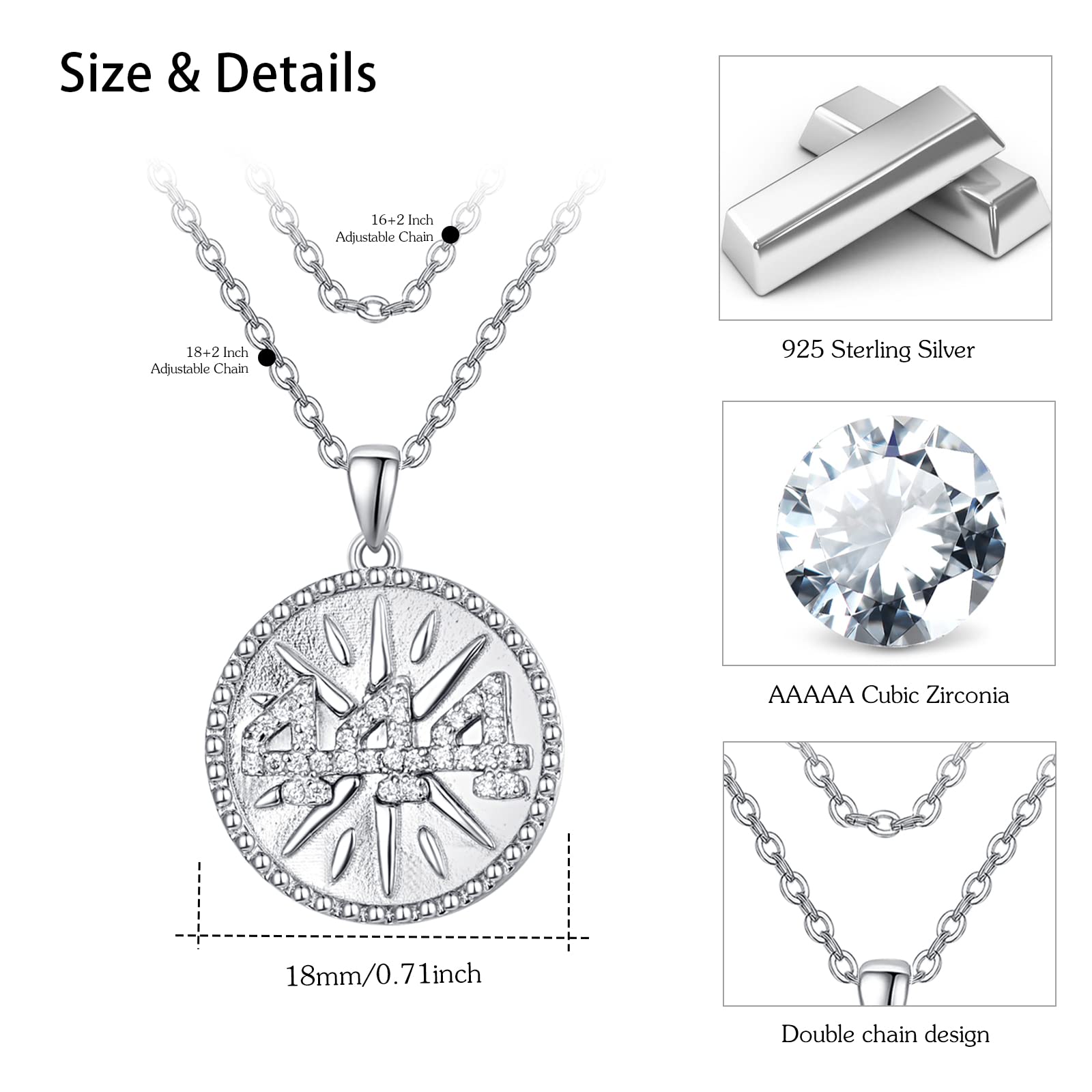 TUGHRA 444 Coin Pendant Necklace - 925 Sterling Silver Angel Number Jewelry for Women, Layered Necklace for Valentine's Day, Birthday Gifts for Wife | Spiritual Protection & Everyday Elegance