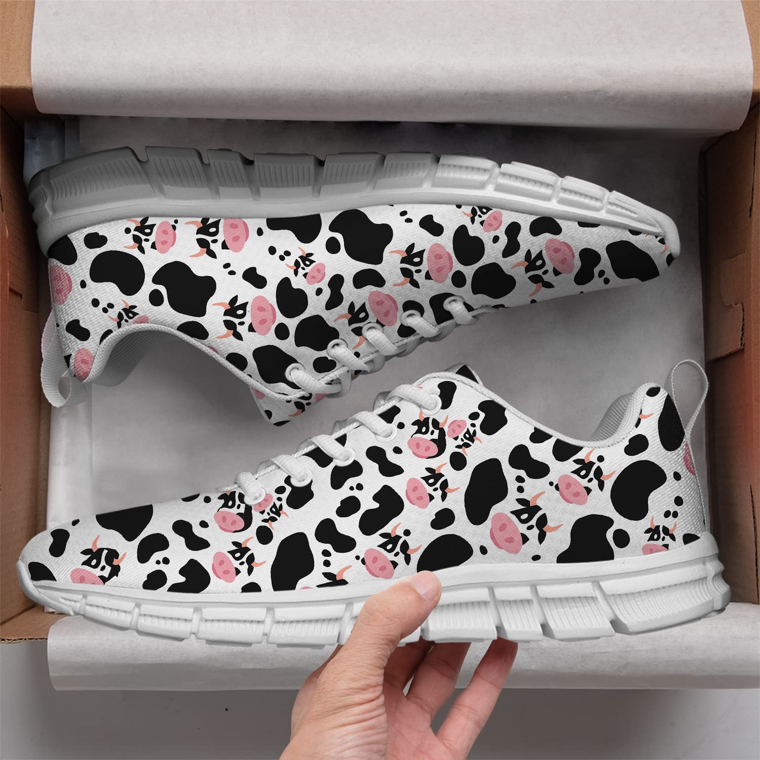 Cow Print Running Shoes for Men & Women - White & Black Cow Face Pattern Sneakers for Tennis, Walking, Gym & Casual Wear - Gifts for Ladies & Men (Men's Size 4, Women's Size 6)