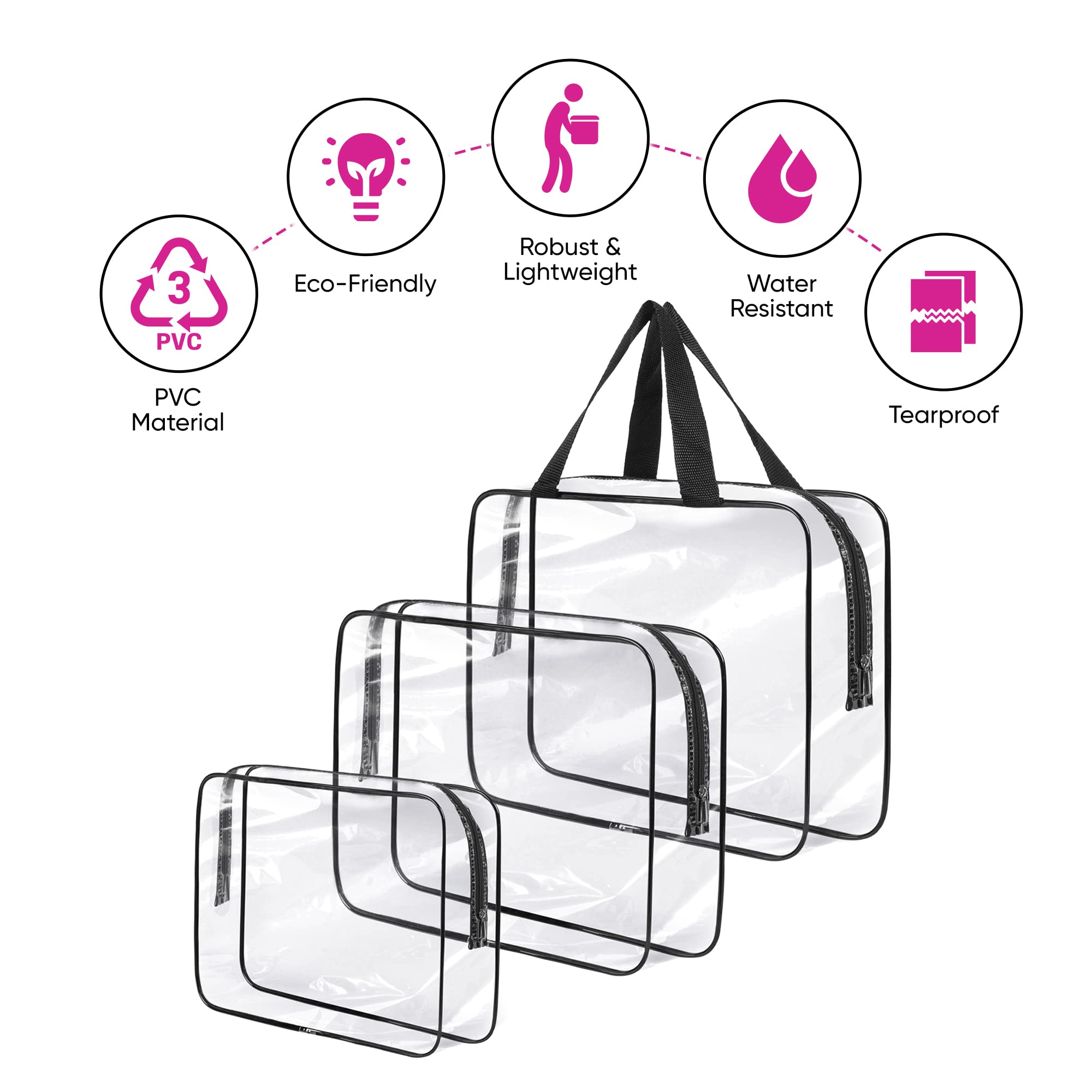 Albert Austin 3-Piece Clear PVC Travel Toiletry Bags Set - TSA Approved Waterproof Cosmetic & Makeup Organizer with Zipper for Men & Women - Perfect for Business Trips, Vacations & Air Travel
