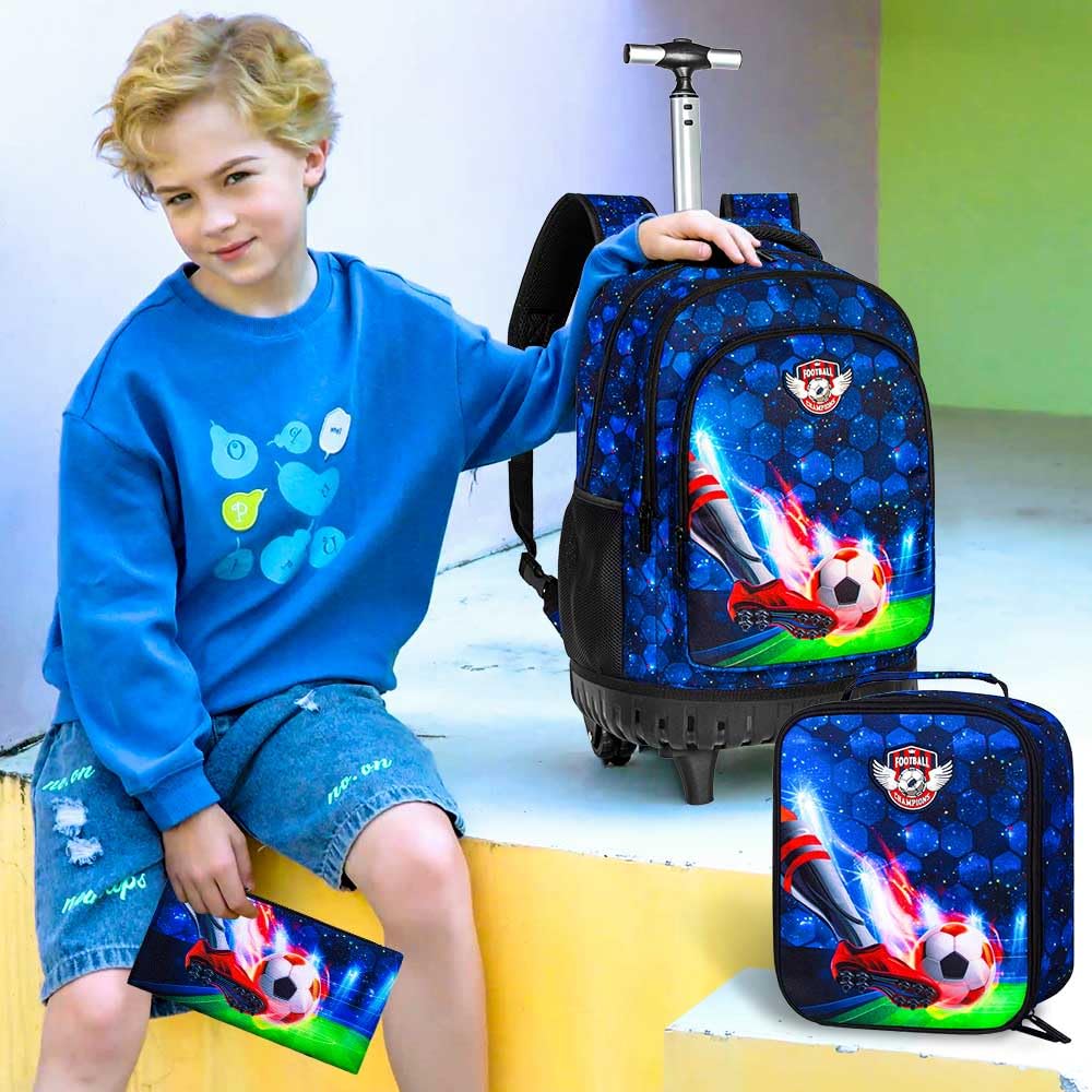 CCJPX 3PCS Rolling Backpack for Boys - 21 Inch Water Resistant Wheeled Soccer Backpack with Roller Wheels, Durable Football Bookbag for Teens & Elementary School Students - Perfect for Travel, Sports & Daily Use - Blue