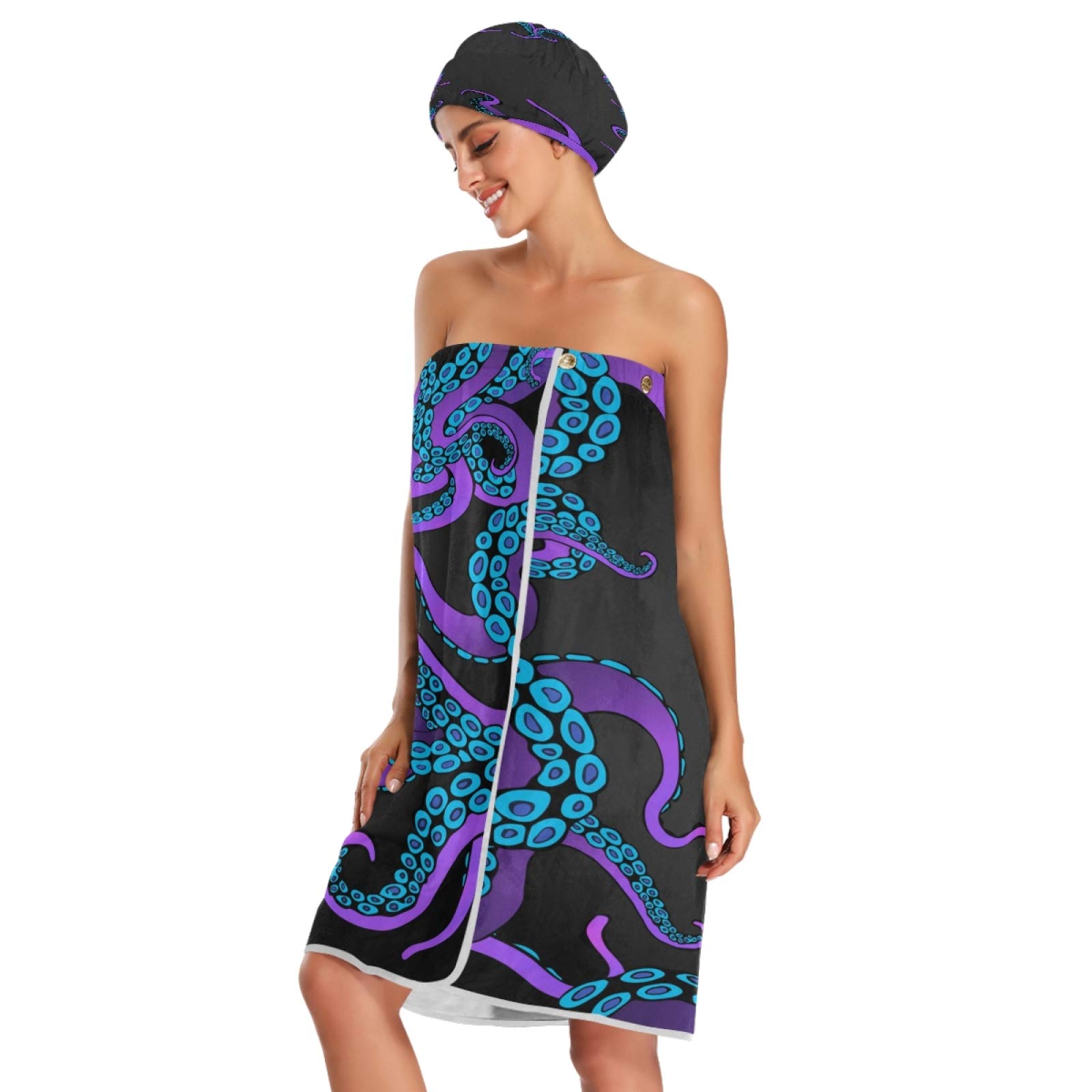 Blueangle Women's Spa Towel Wrap Set of 3 - Soft Cartoon Octopus Bathrobe & Shower Body Wrap with Adjustable Closure for Bath, Pool, Beach & Spa Relaxation