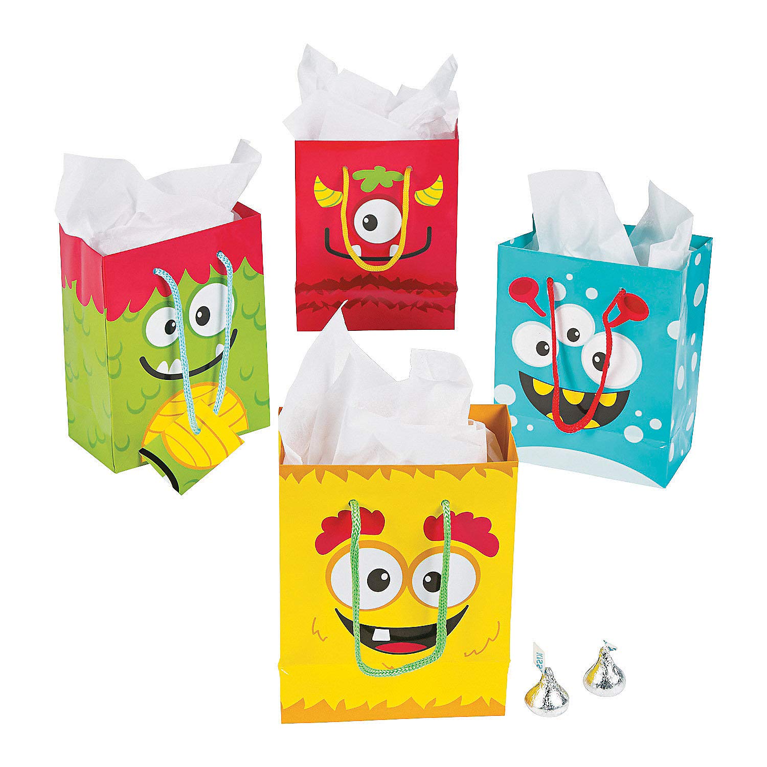 Mini Monster Small Gift Bags (12-Pack) - Fun Express Birthday Party Supplies with Paper Handles - Perfect for Kids' Birthdays, Halloween & Goodie Bags