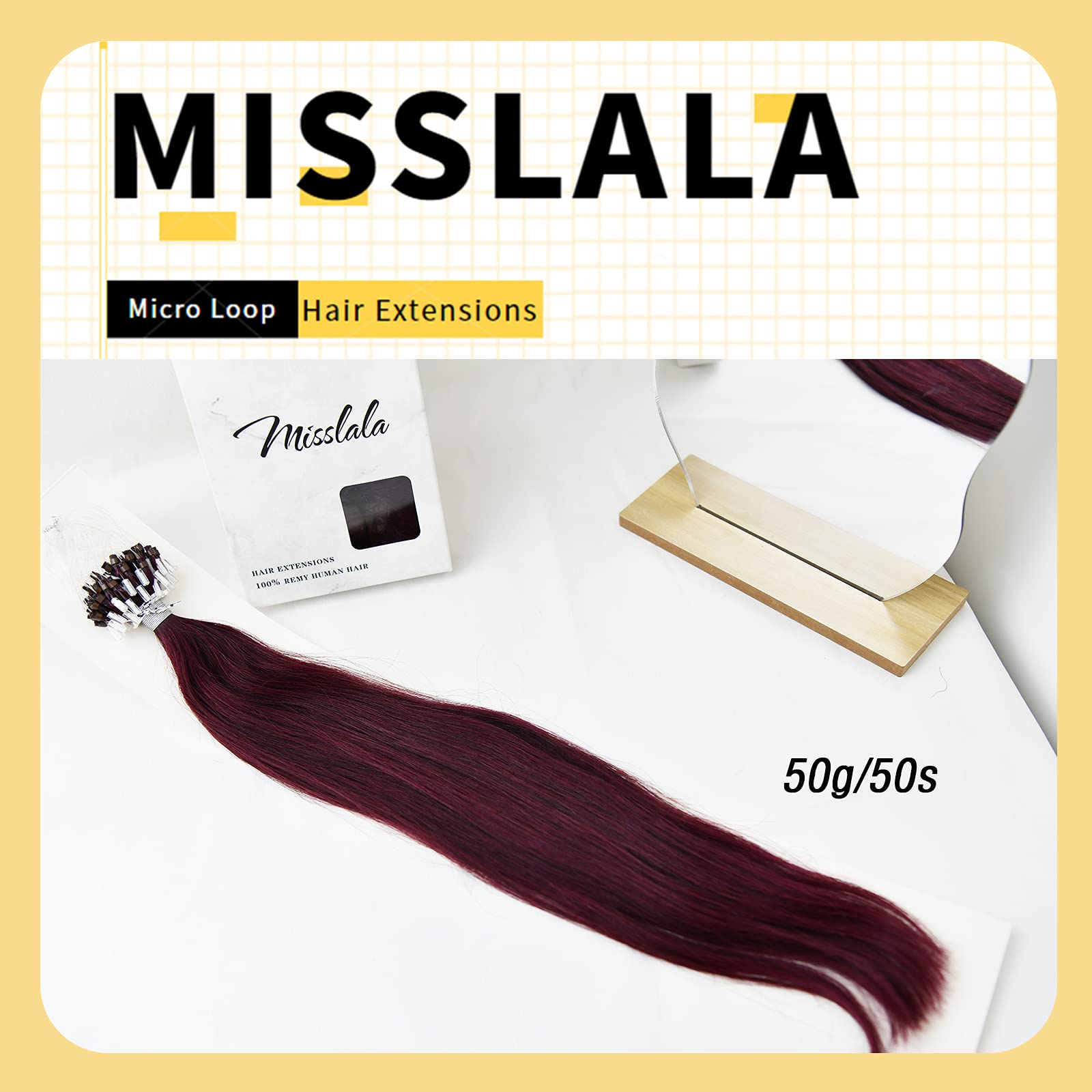 20 Inch Microbead Hair Extensions - 100% Real Human Hair, Red Wine Fusion Color, Straight, 50G (50 Strands) for Length & Volume - Perfect for Parties, Weddings & Daily Styling