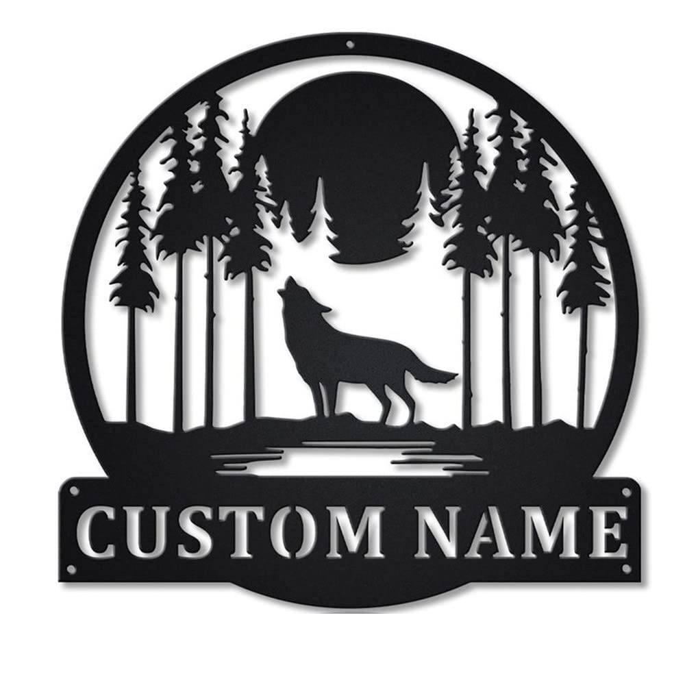 Custom Moon Wolf Metal Wall Art - Personalized Howling Wolf Name Sign for Outdoor, Garage & Bar Decor - Unique Wolf Gifts for Men & Housewarming Presents - Perfect for Cabin, Man Cave & Hunting Lodge Decor