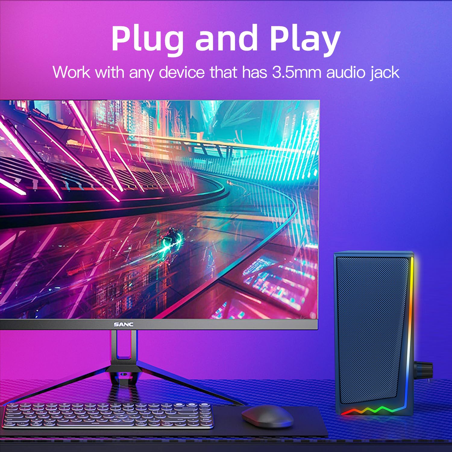 Computer Speakers with 3.5mm Aux, RGB Gaming Speakers with Volume Control, Desktop Speakers for PC/Monitor/Laptop/Tablet/Phone, Perfect for Gaming, Work, and Home Entertainment