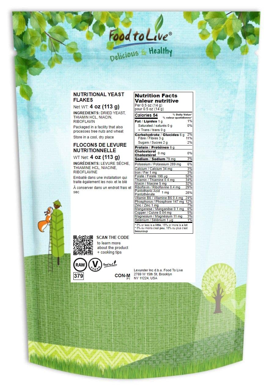 Food to Live Nutritional Yeast Flakes - 4oz Fortified Large Flakes | Inactive, Unsweetened, Vegan | High Protein & Vitamin B12 | Perfect for Vegan Cheese, Sauces, Popcorn Seasoning & Baking (Gluten-Free, Dairy-Free)