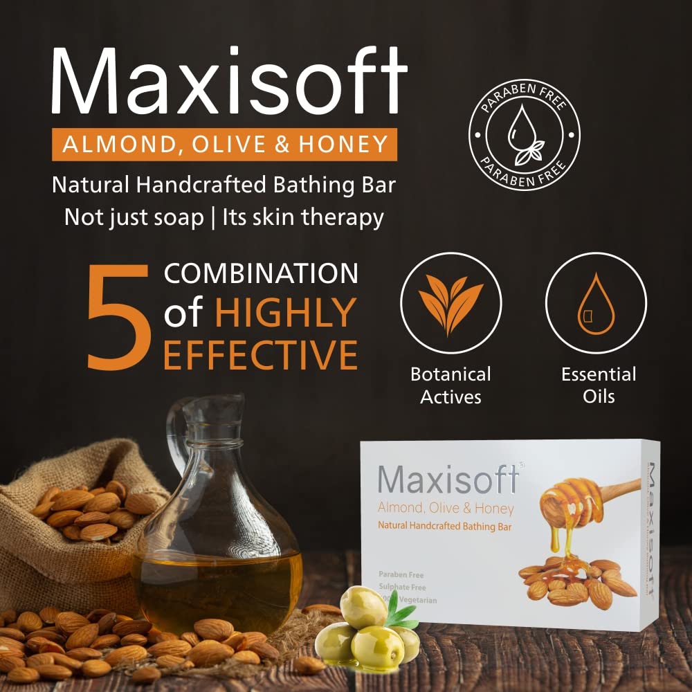 Maxisoft Almond Olive Honey Skin Nourishing Soap Bar 100g - Natural Moisturizing with Almond Oil, Olive Oil, Honey & Coconut Oil | pH Balanced for All Skin Types | Pack of 3 (100g Each) | Perfect for Dry Skin Care, Daily Cleansing & Gift Sets
