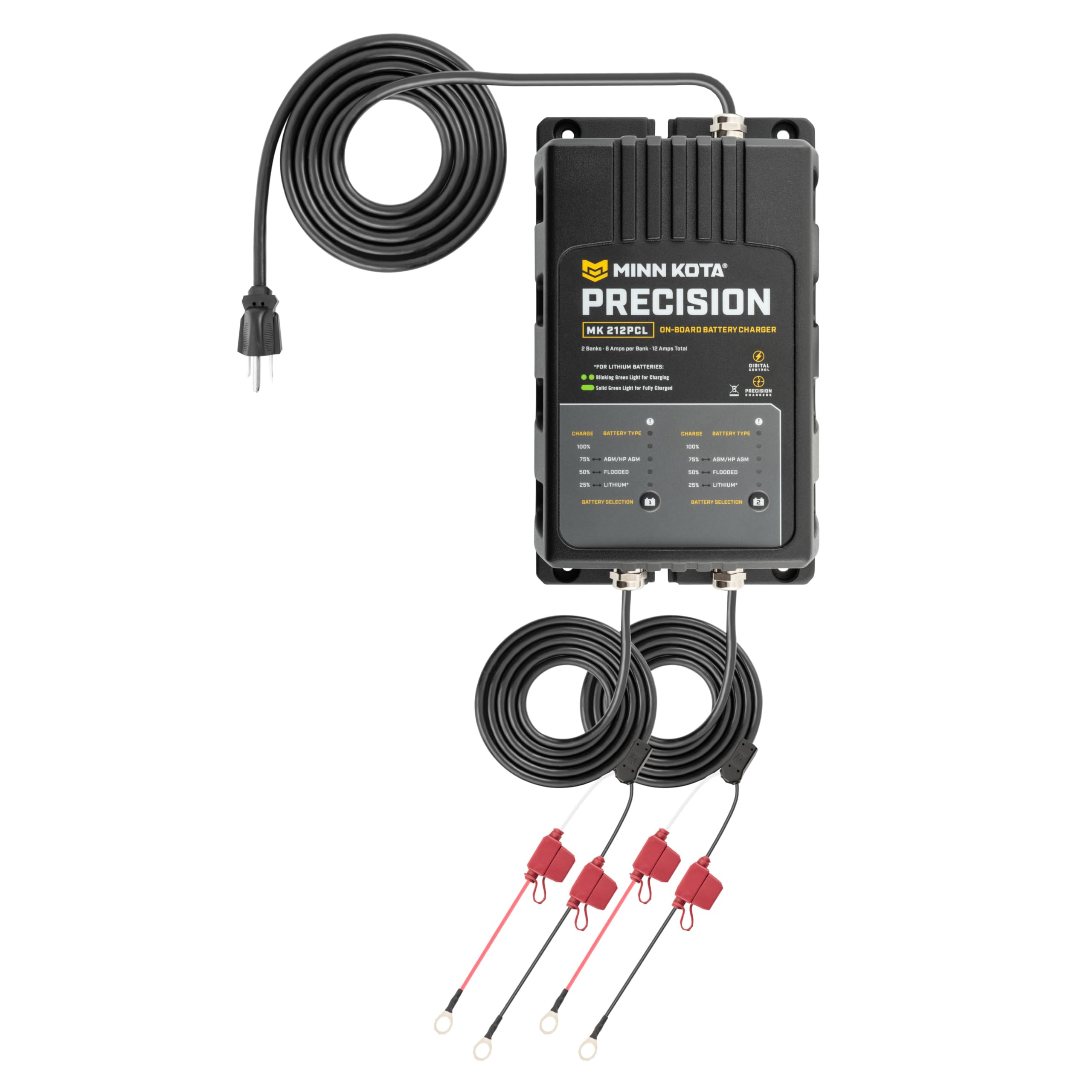 Minn Kota Precision Charger MK 212 PCL - 2 Bank 6A Marine Battery Charger for Boats, Trolling Motors & Watercraft | Fast Charging & Waterproof Design