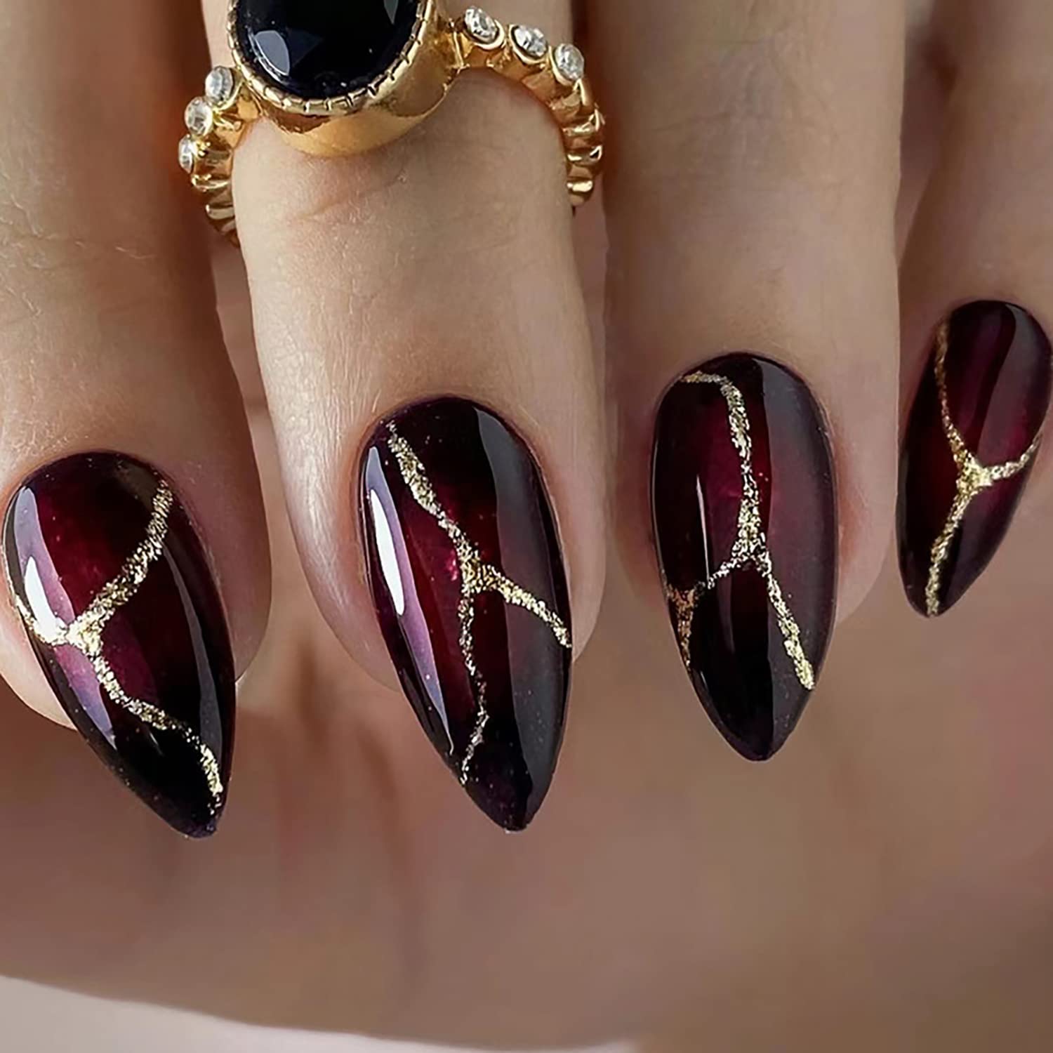 24PCS Black Full Cover Reusable Glossy False Nails Kit with Gold Lightning Designs - Medium Length Pointed Press on Nails, Acrylic Fake Nails for Women, Almond Shape Glue on Nails - Perfect for Parties, Weddings, and Special Occasions