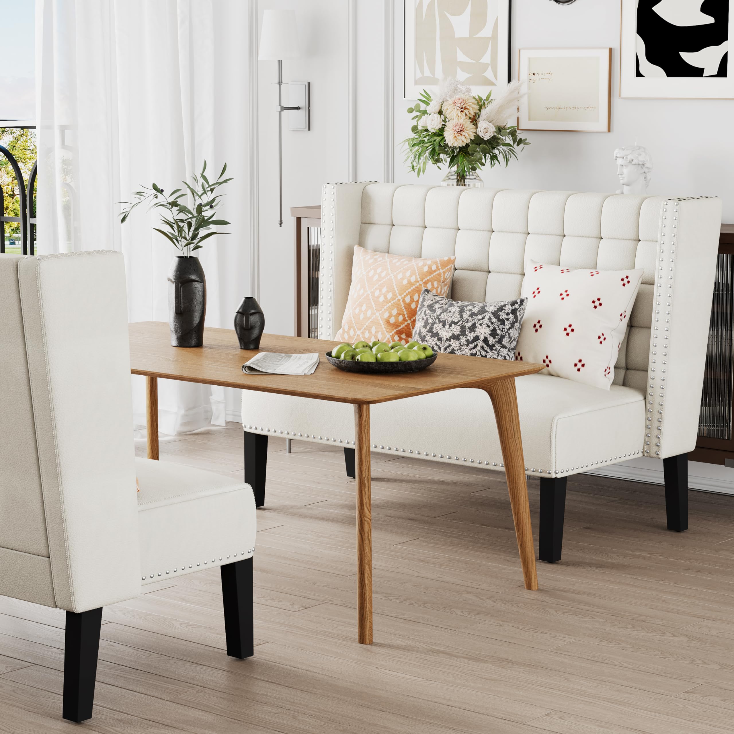 Andeworld Modern Upholstered Loveseat Settee Bench with Back - White Sofa Couch for Dining Room, Living Room, Hallway or Entryway | Comfortable Banquette Seating for Small Spaces, Apartments & Home Decor